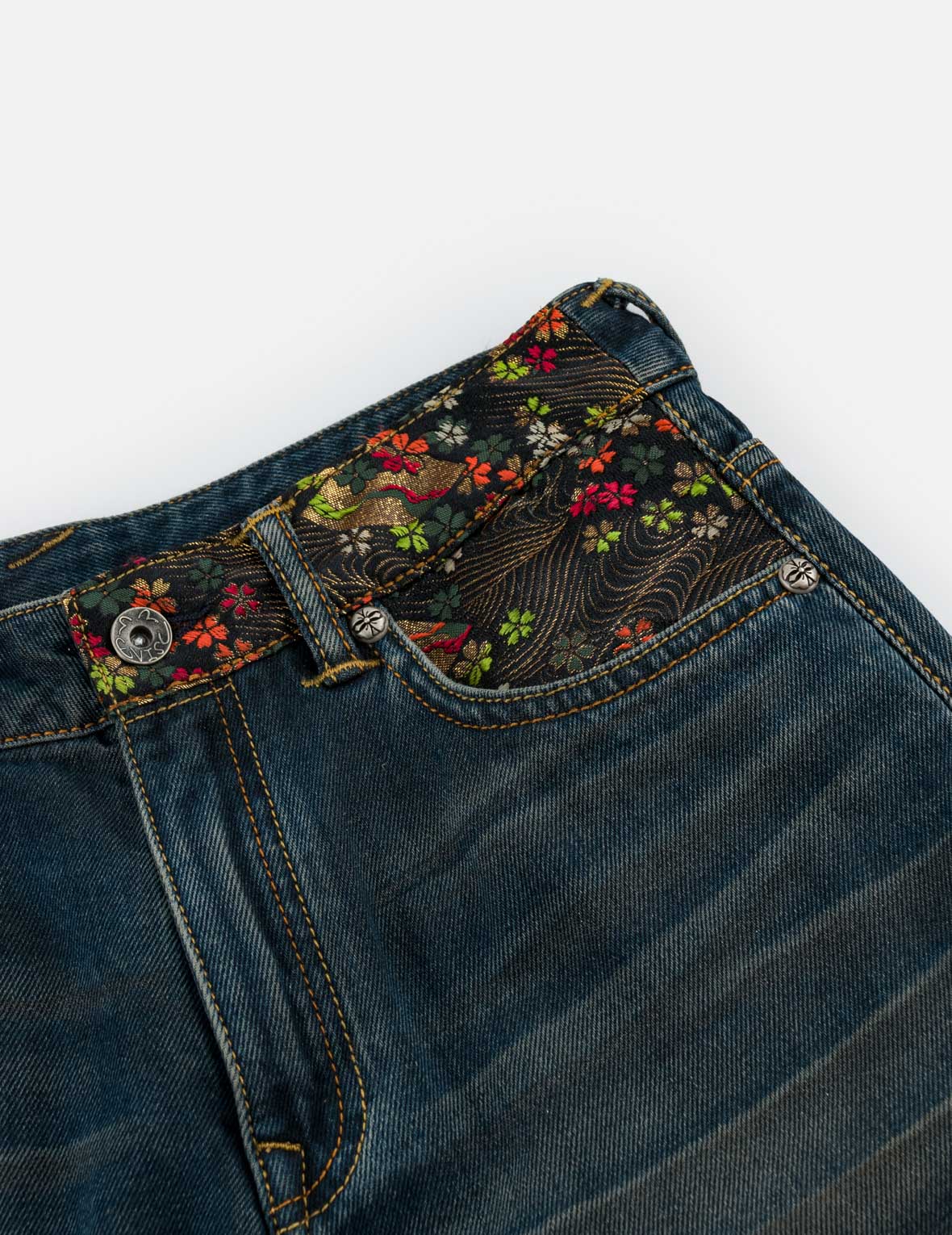 Sakura Brocade Flapped Pockets Straight Fit Jeans