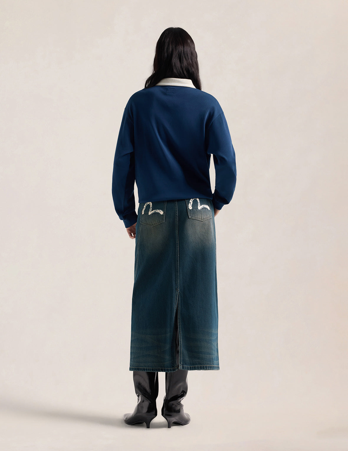 Water-marble Brocade Denim Maxi Skirt