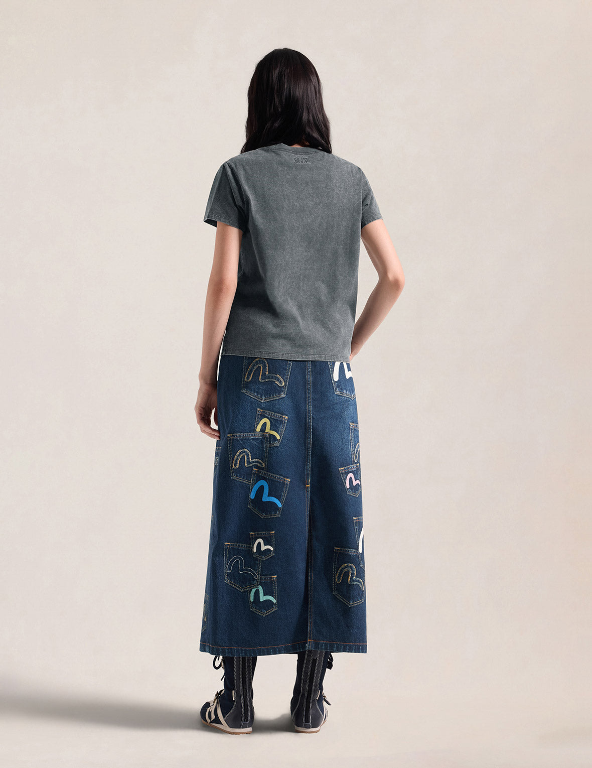 Digital Printed Multi-Pocket Seagull Denim Maxi Skirt