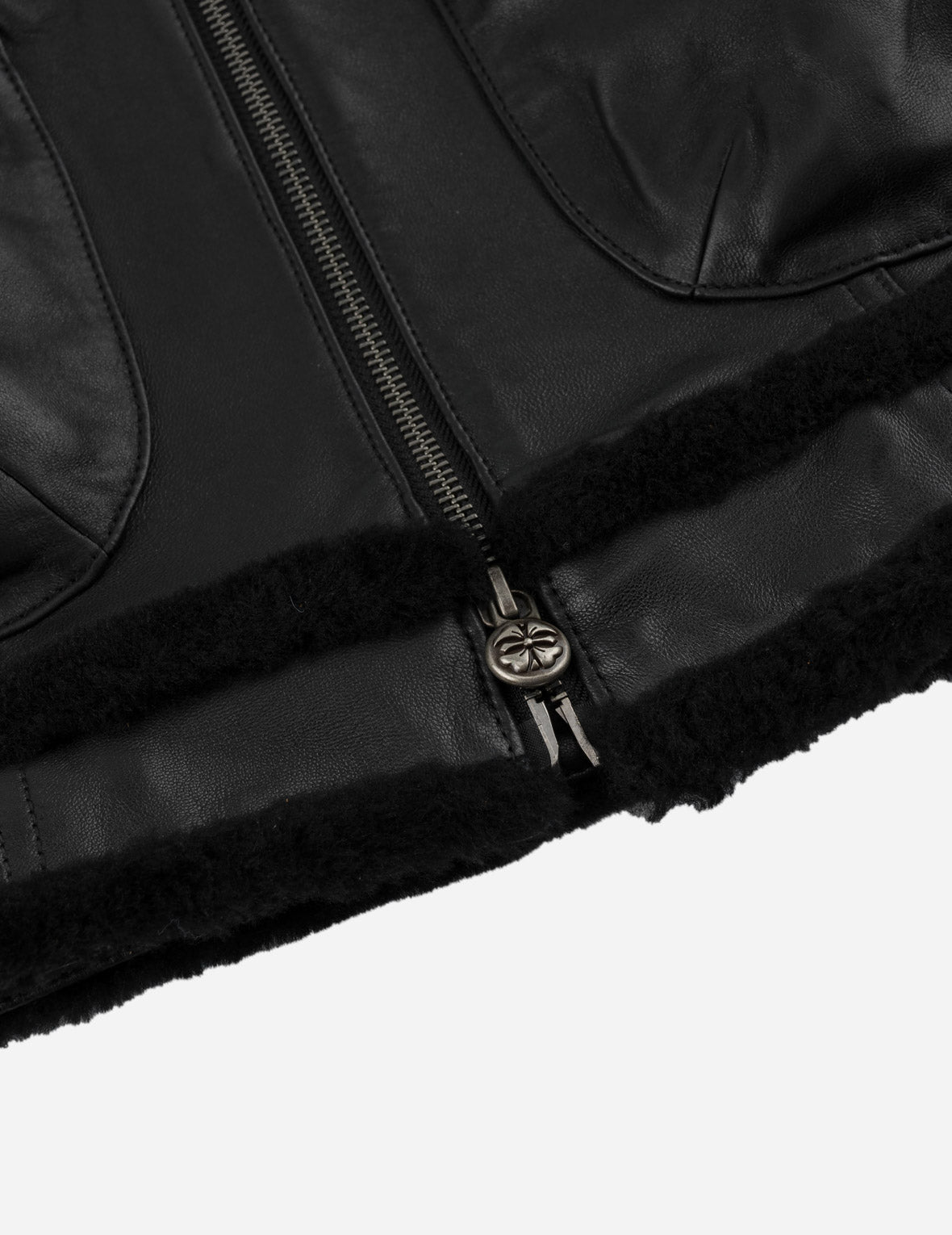 Shearling Trimmed Stand Collar Leather Jacket