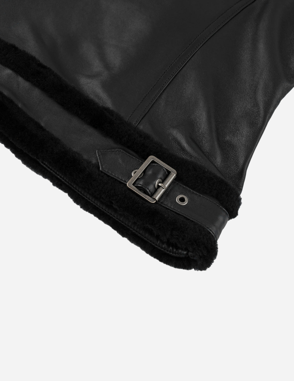 Shearling Trimmed Stand Collar Leather Jacket