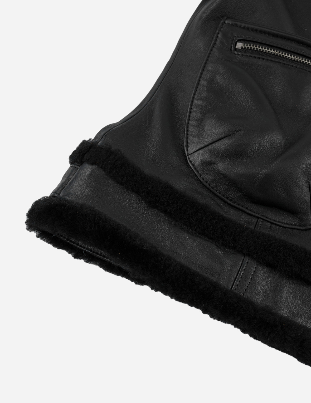 Shearling Trimmed Stand Collar Leather Jacket