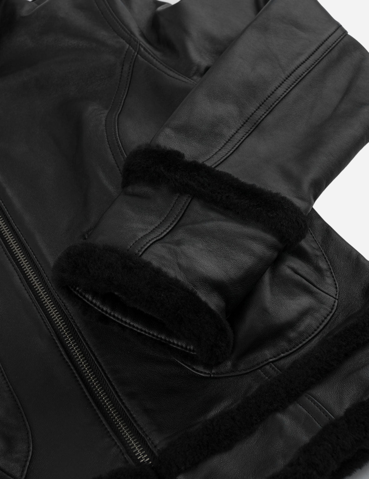 Shearling Trimmed Stand Collar Leather Jacket