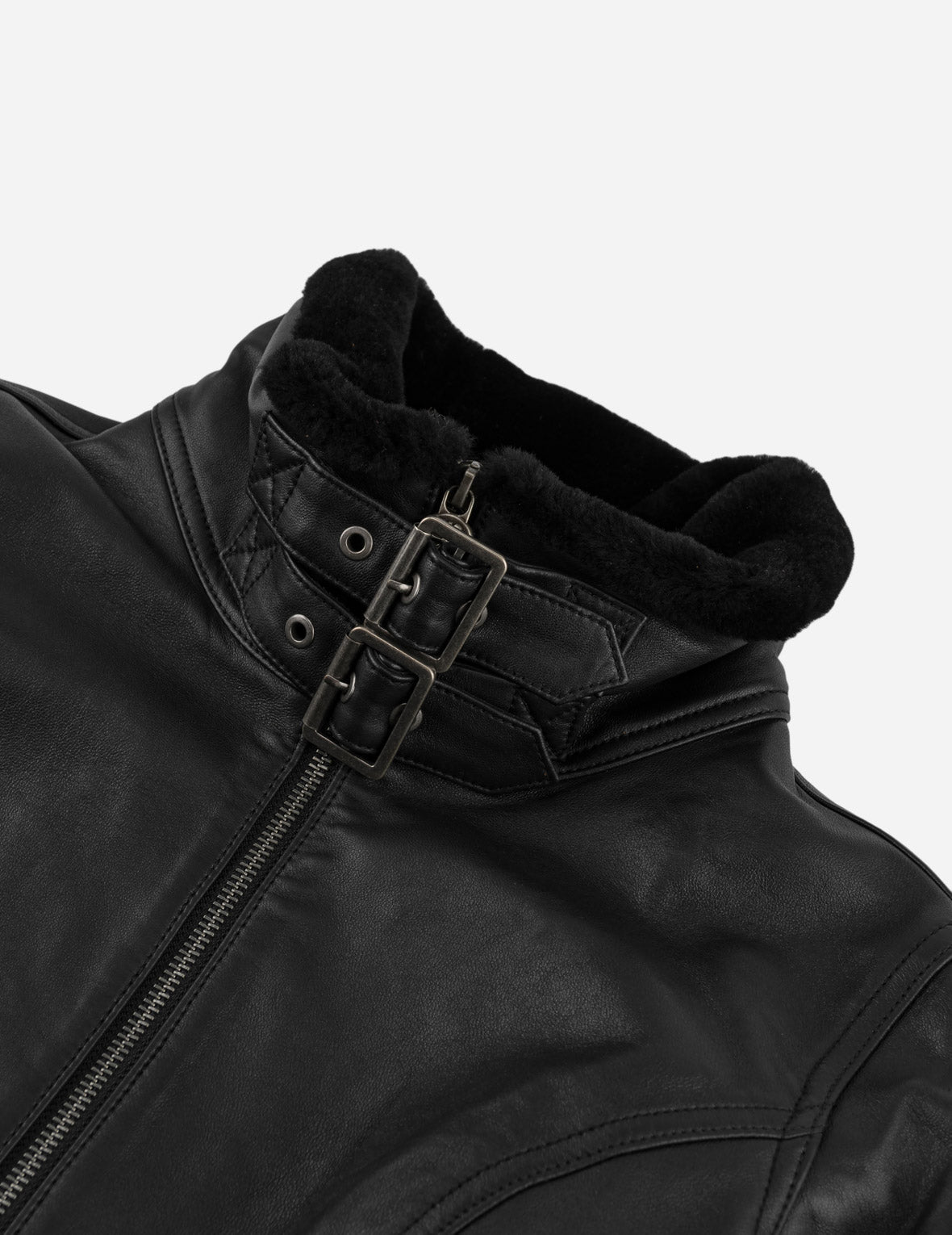 Shearling Trimmed Stand Collar Leather Jacket