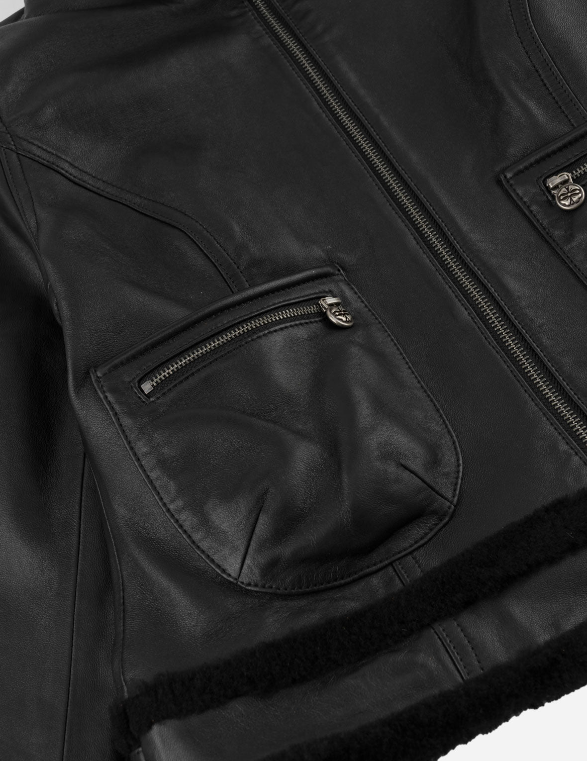 Shearling Trimmed Stand Collar Leather Jacket
