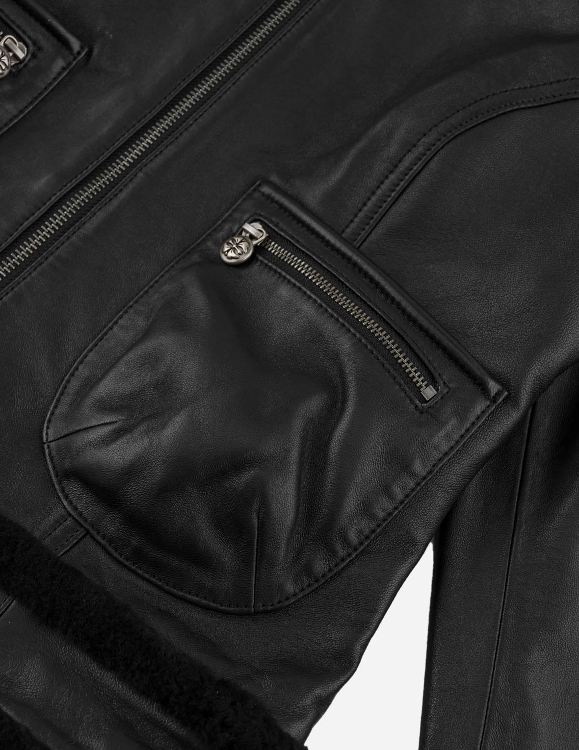 Shearling Trimmed Stand Collar Leather Jacket