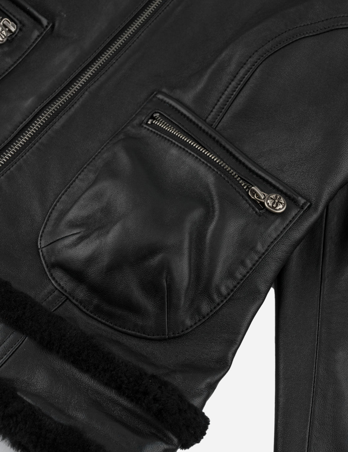 Shearling Trimmed Stand Collar Leather Jacket
