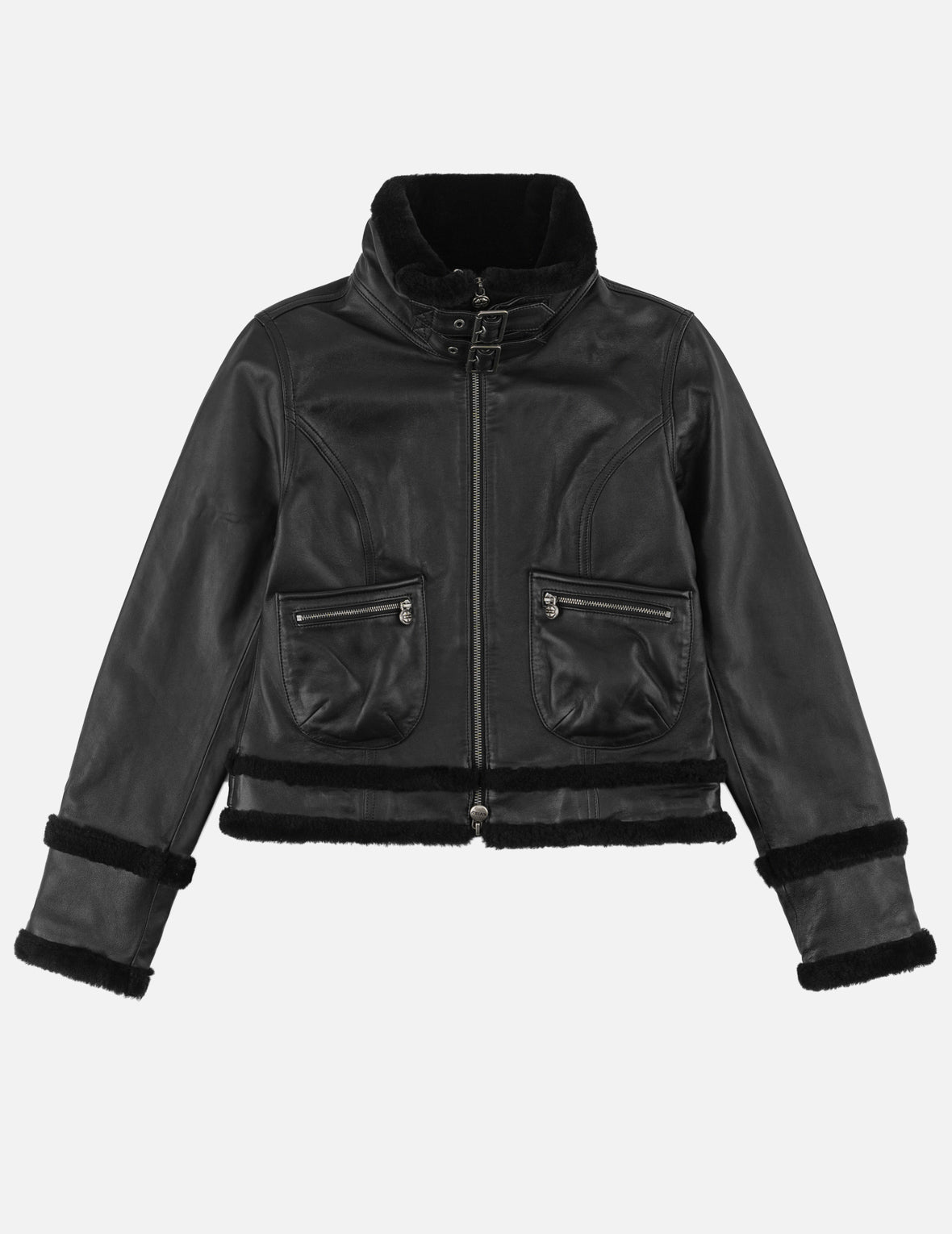 Shearling Trimmed Stand Collar Leather Jacket