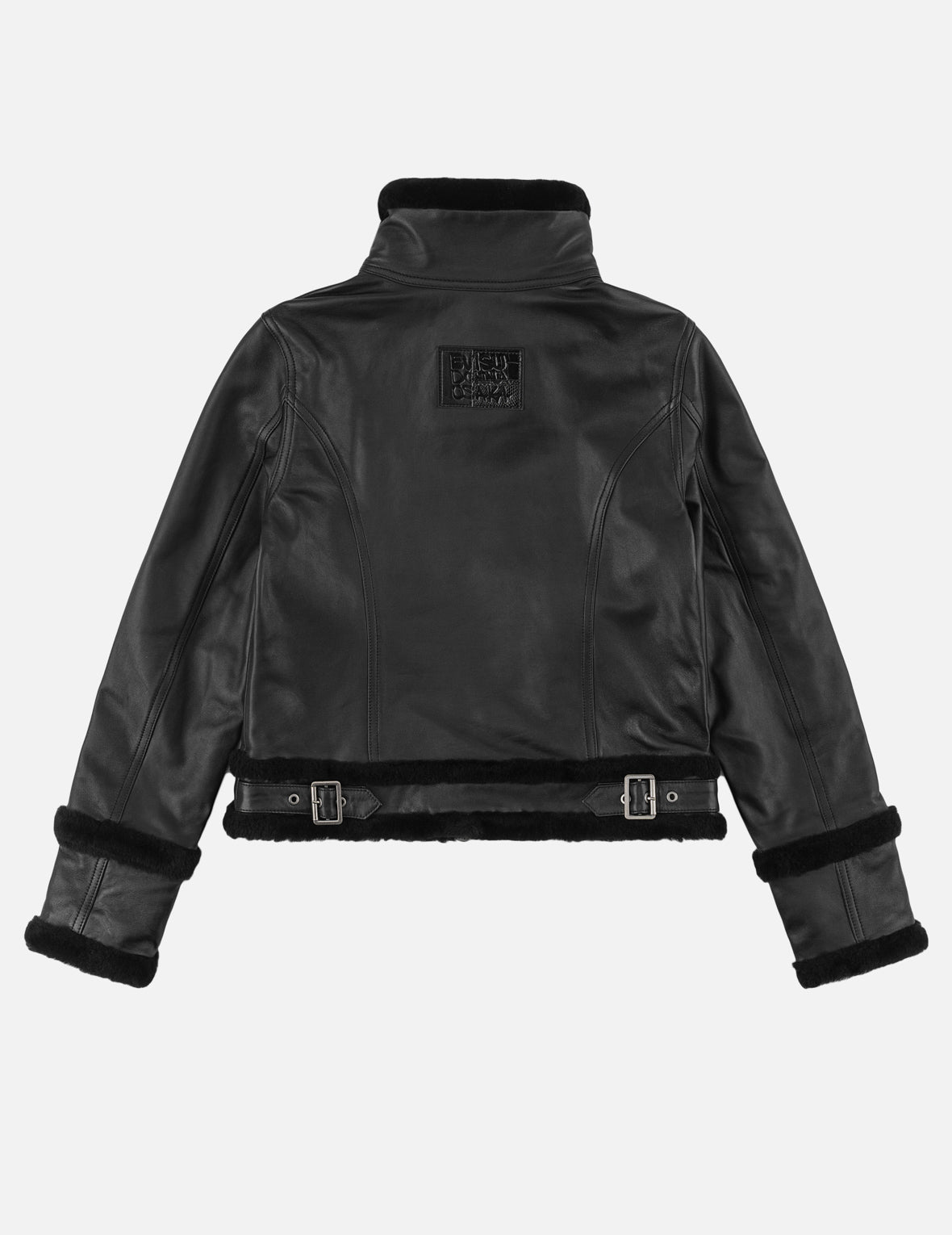 Shearling Trimmed Stand Collar Leather Jacket