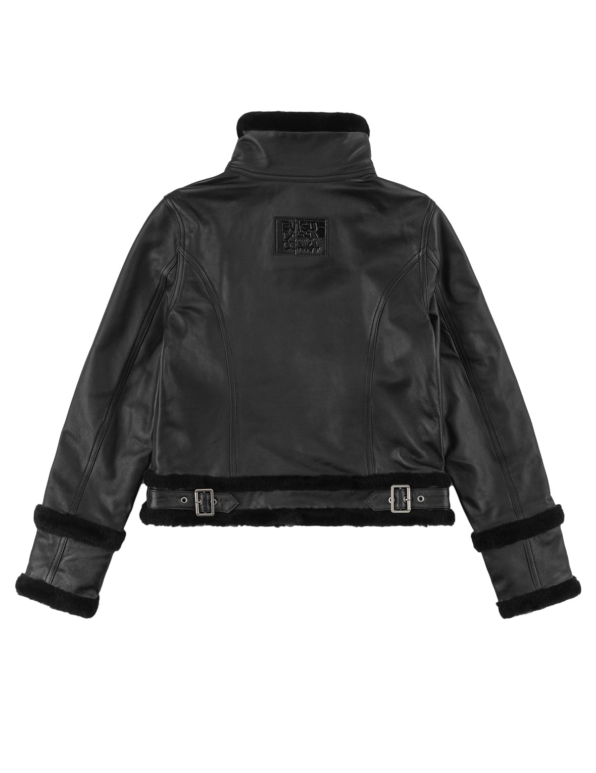 Shearling Trimmed Stand Collar Leather Jacket