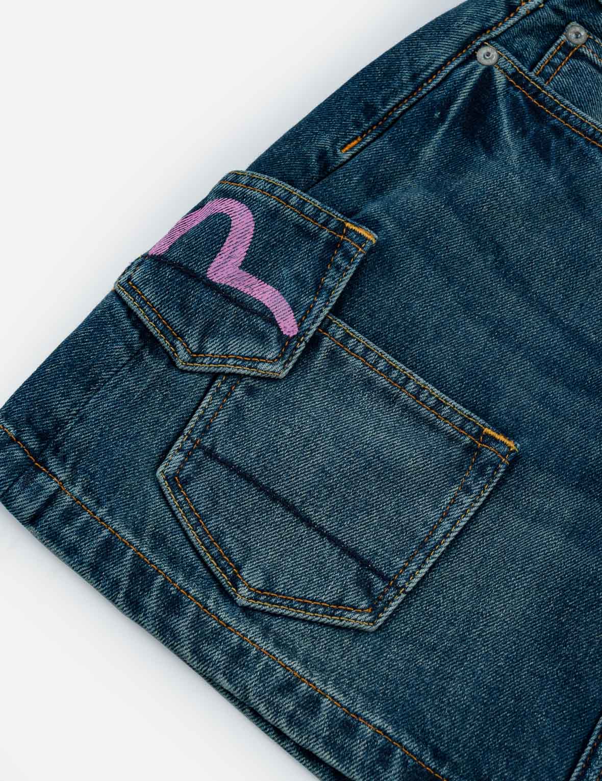 Seagull Print Multi-Pocket Denim Skirt