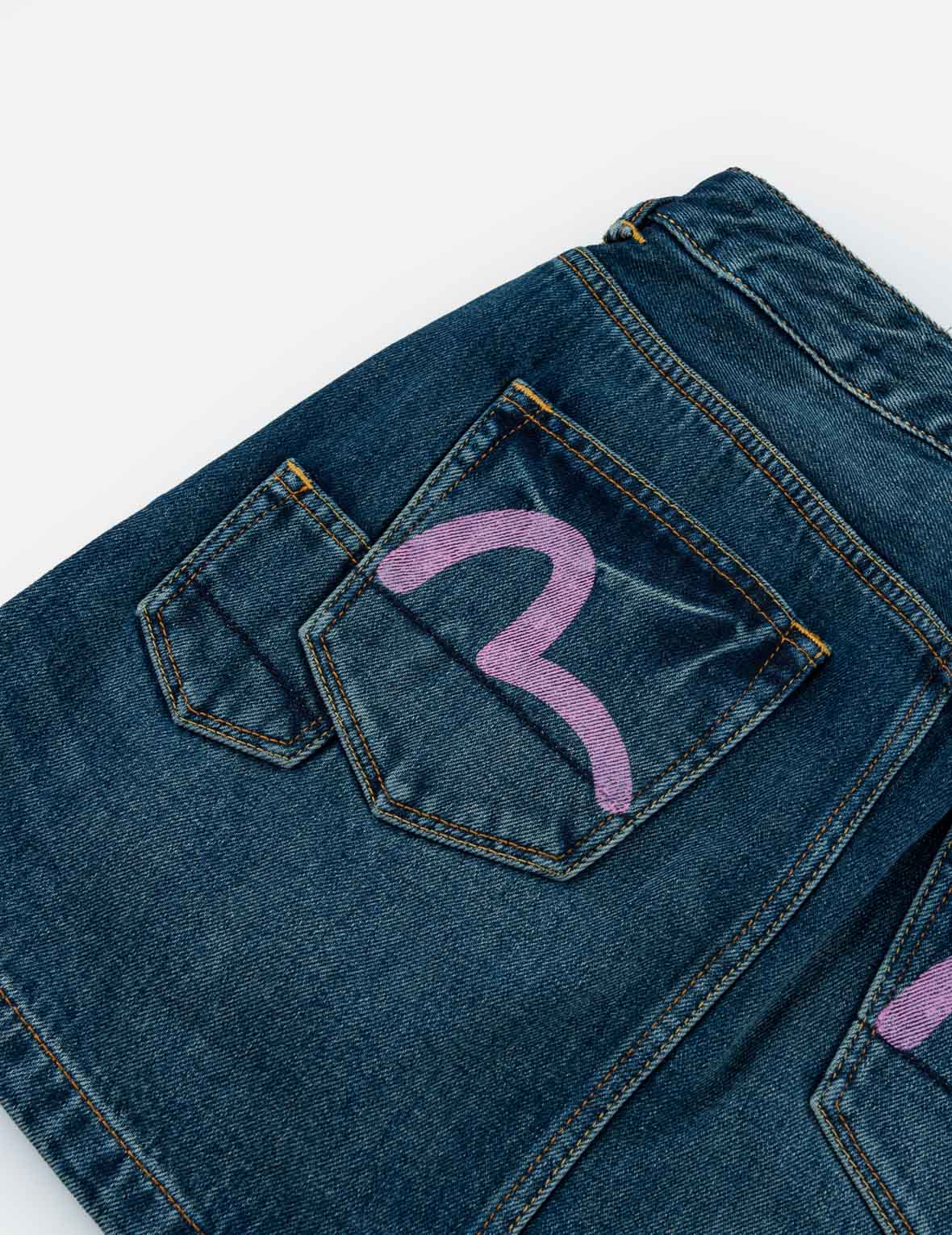 Seagull Print Multi-Pocket Denim Skirt