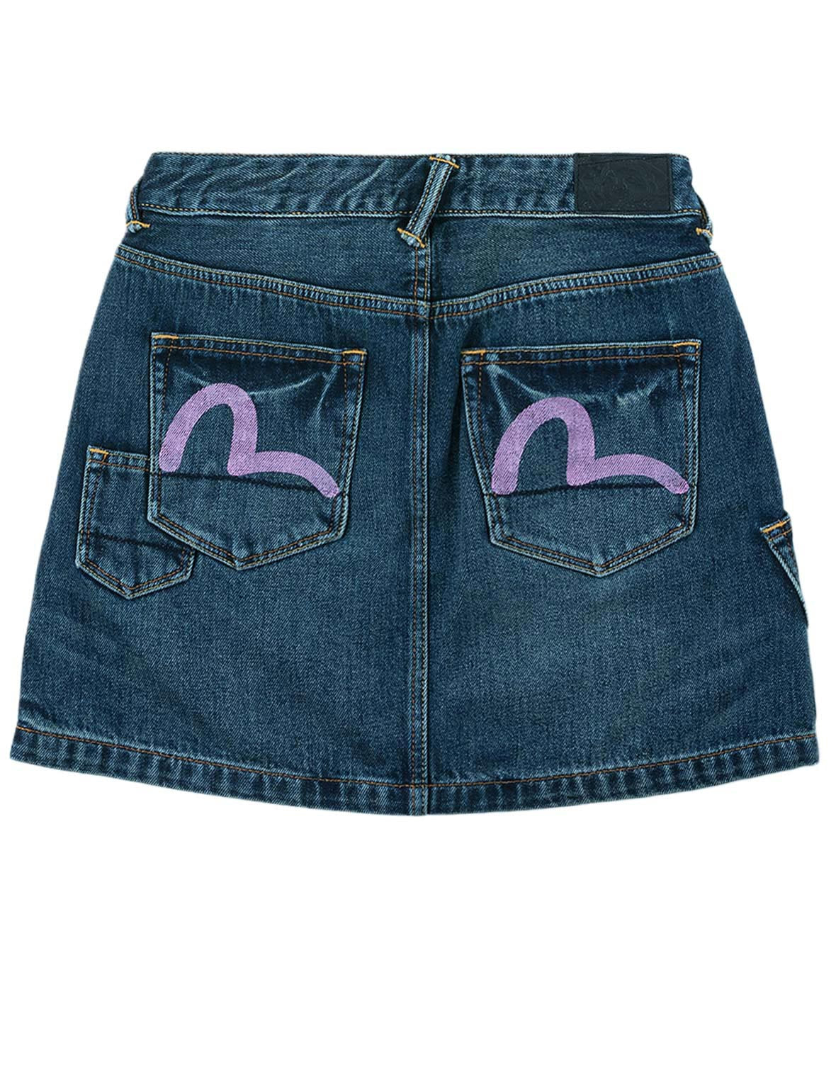 Seagull Print Multi-Pocket Denim Skirt