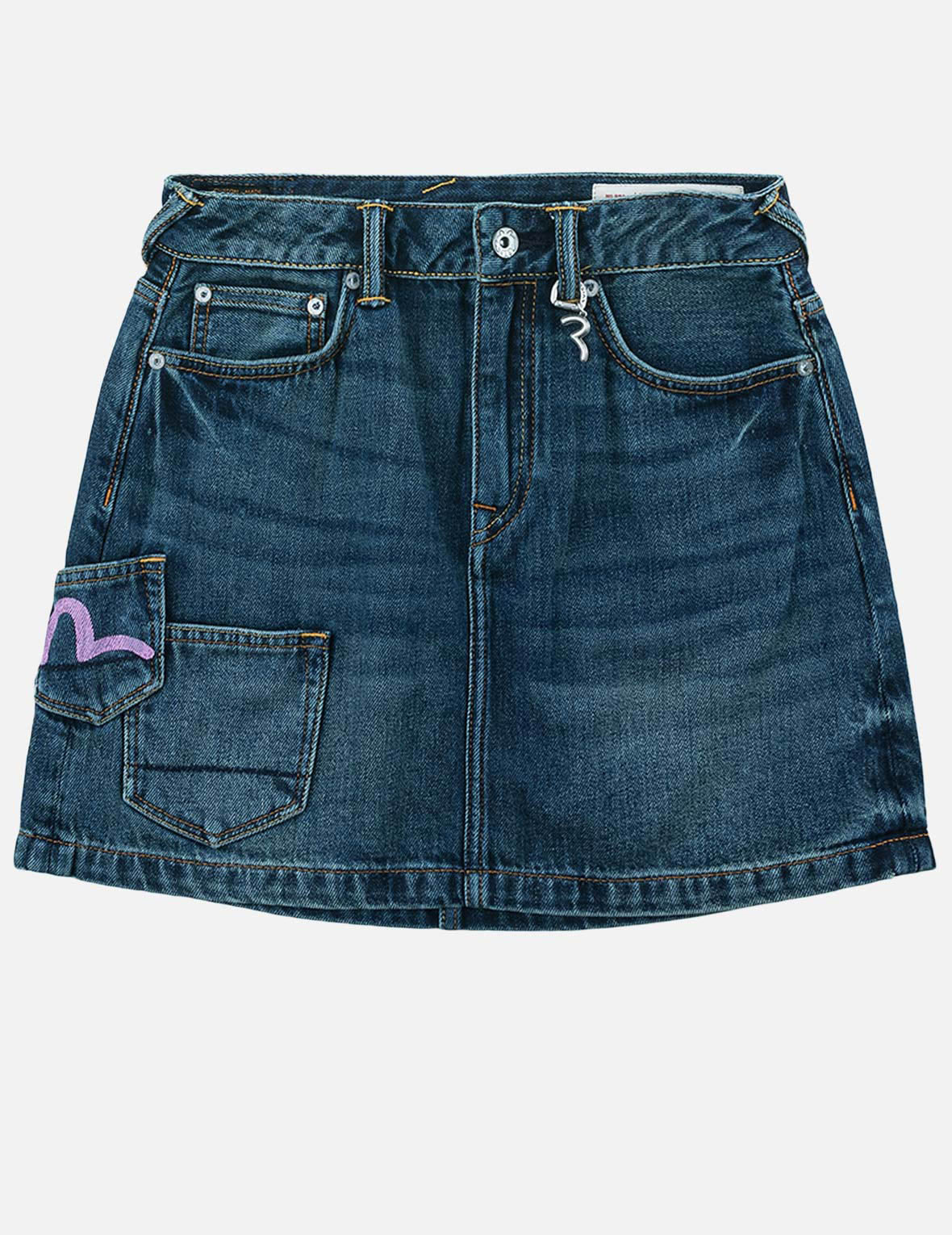 Seagull Print Multi-Pocket Denim Skirt