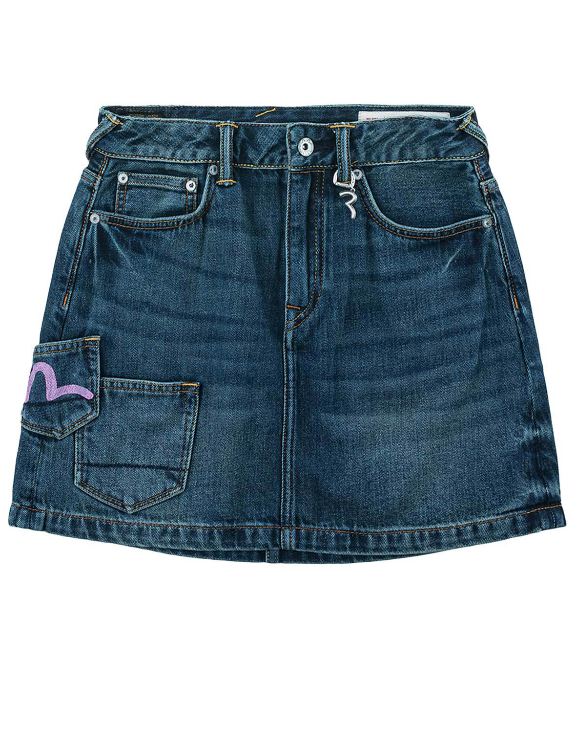 Seagull Print Multi-Pocket Denim Skirt