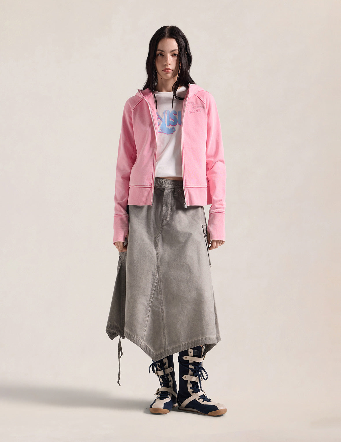 Heart Seagull Appliqued Dirty Wash Zip-up Hoodie