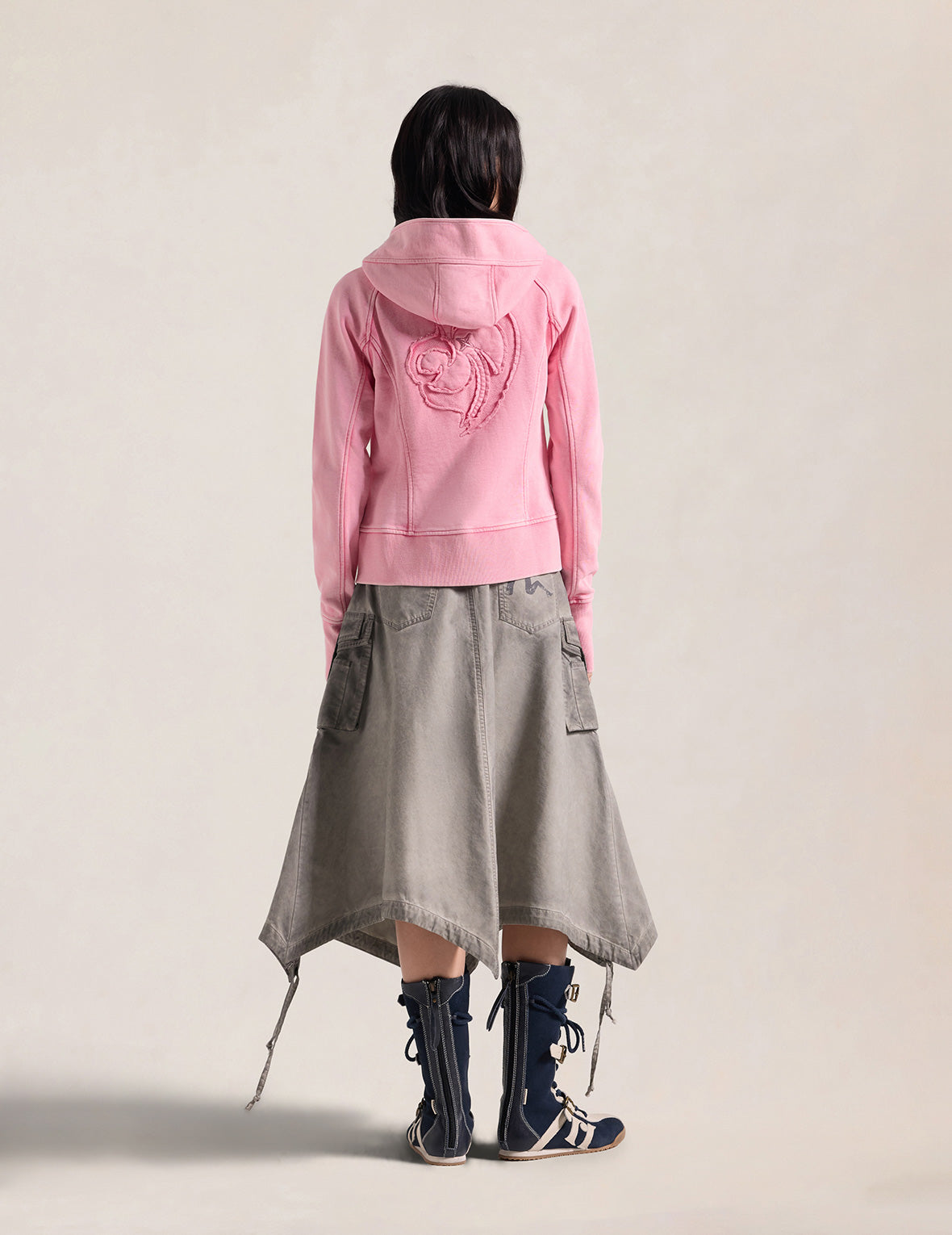 Heart Seagull Appliqued Dirty Wash Zip-up Hoodie