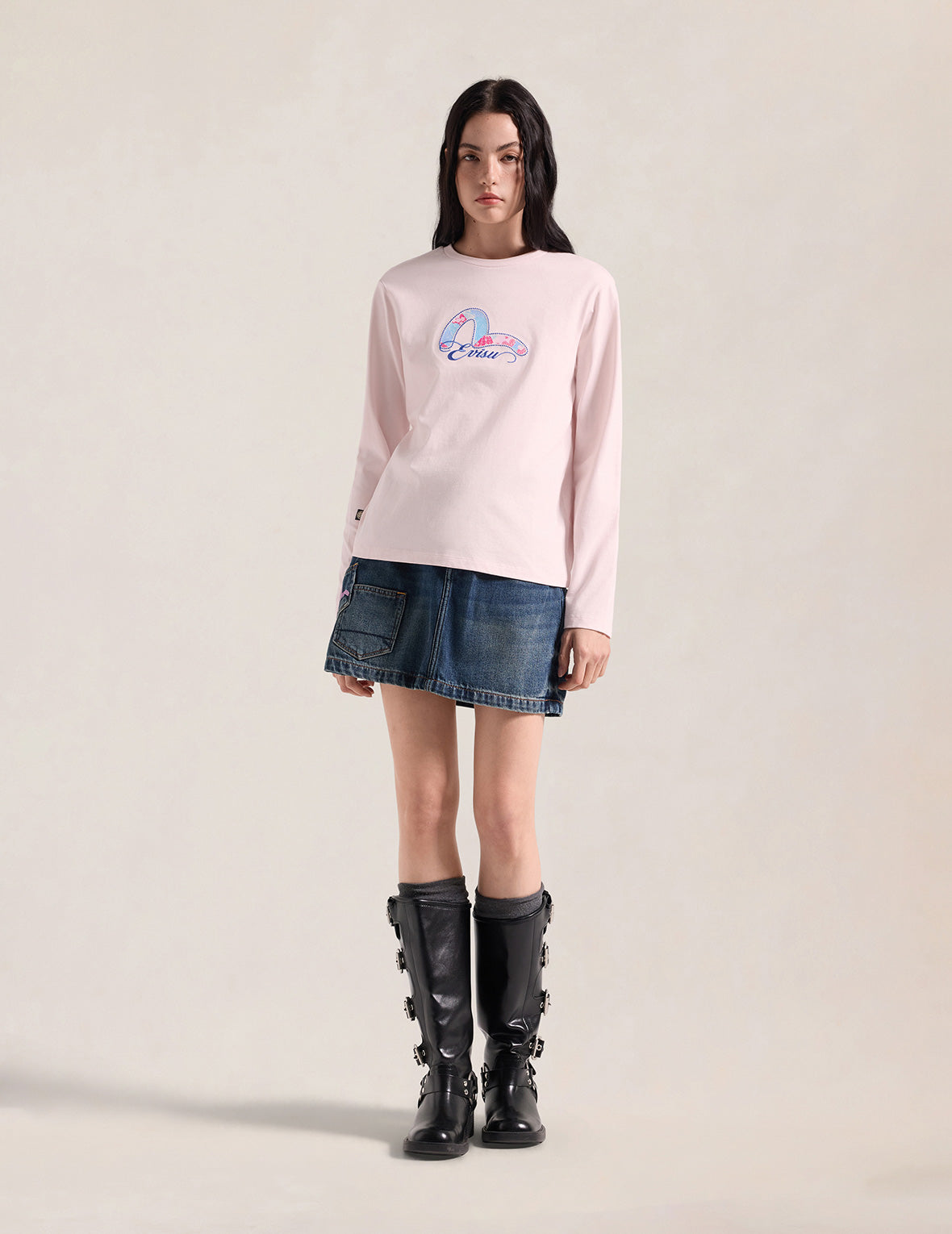 Japanese Pattern Seagull Embroidered Long-Sleeve T-Shirt