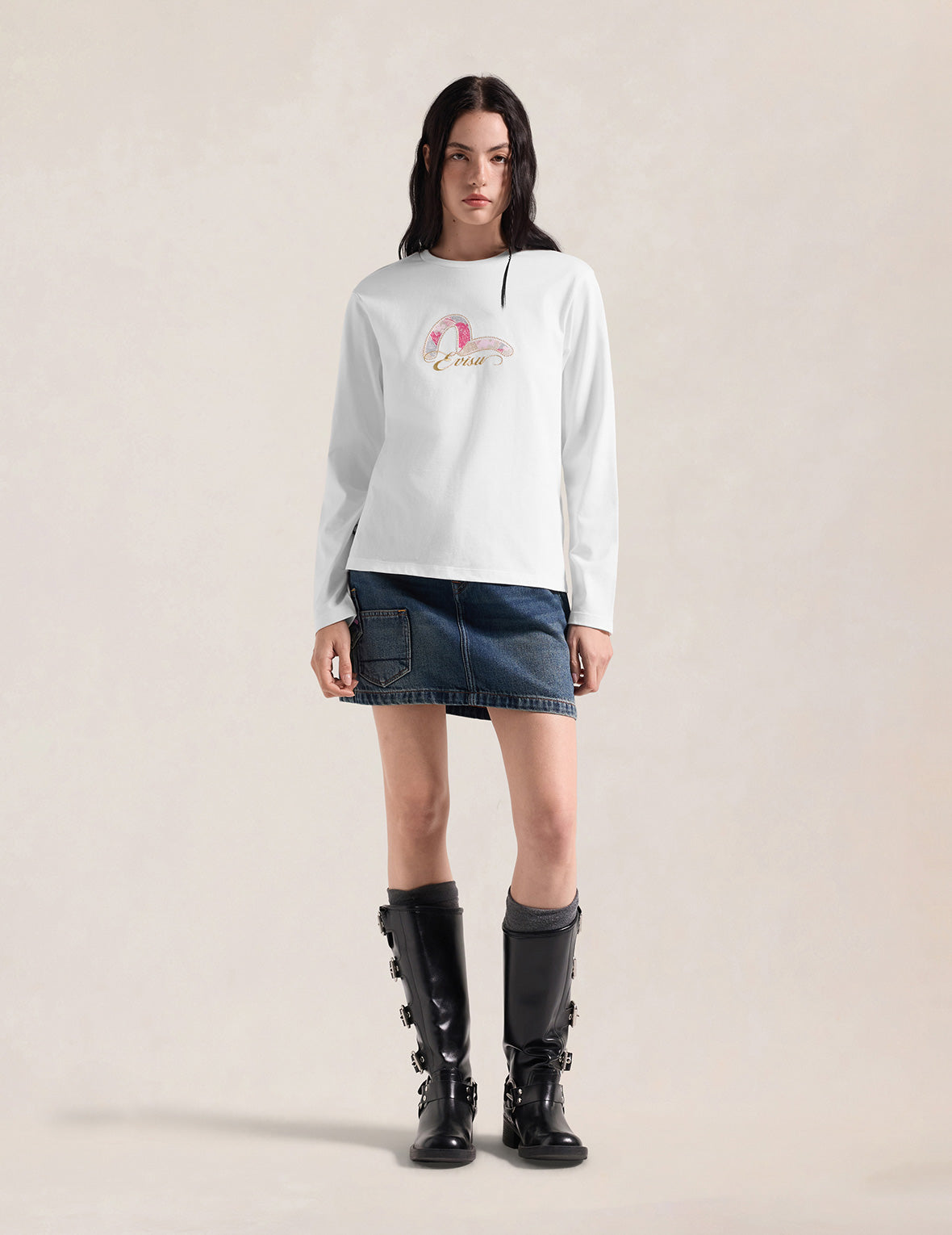 Japanese Pattern Seagull Embroidered Long-Sleeve T-Shirt