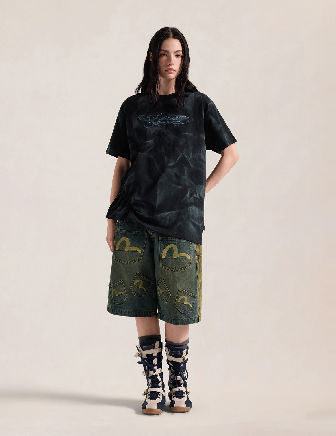 Rhinestone EVISU Logo Shirred T-Shirt