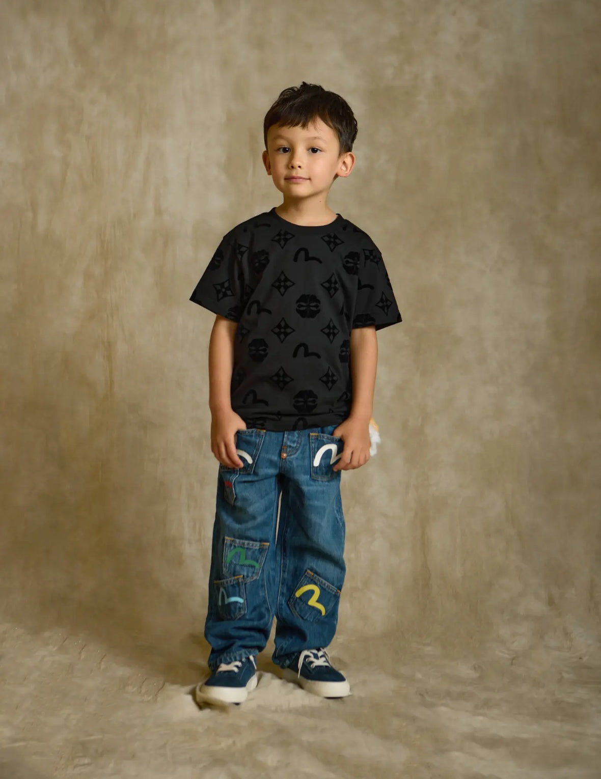 All-Over Kamon and Seagull Flocked Print T-Shirt