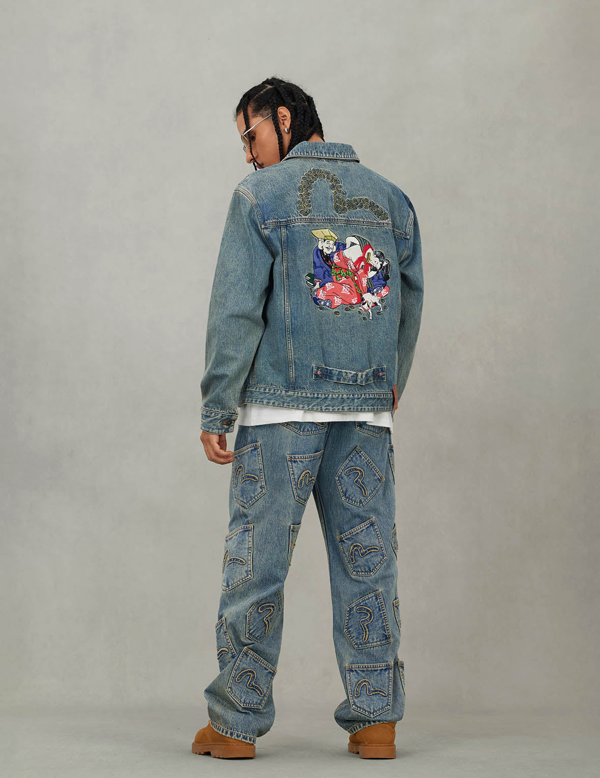EVISU X F-LAGSTUF-F 春畫與海鷗刺繡寬版休閒牛仔外套
