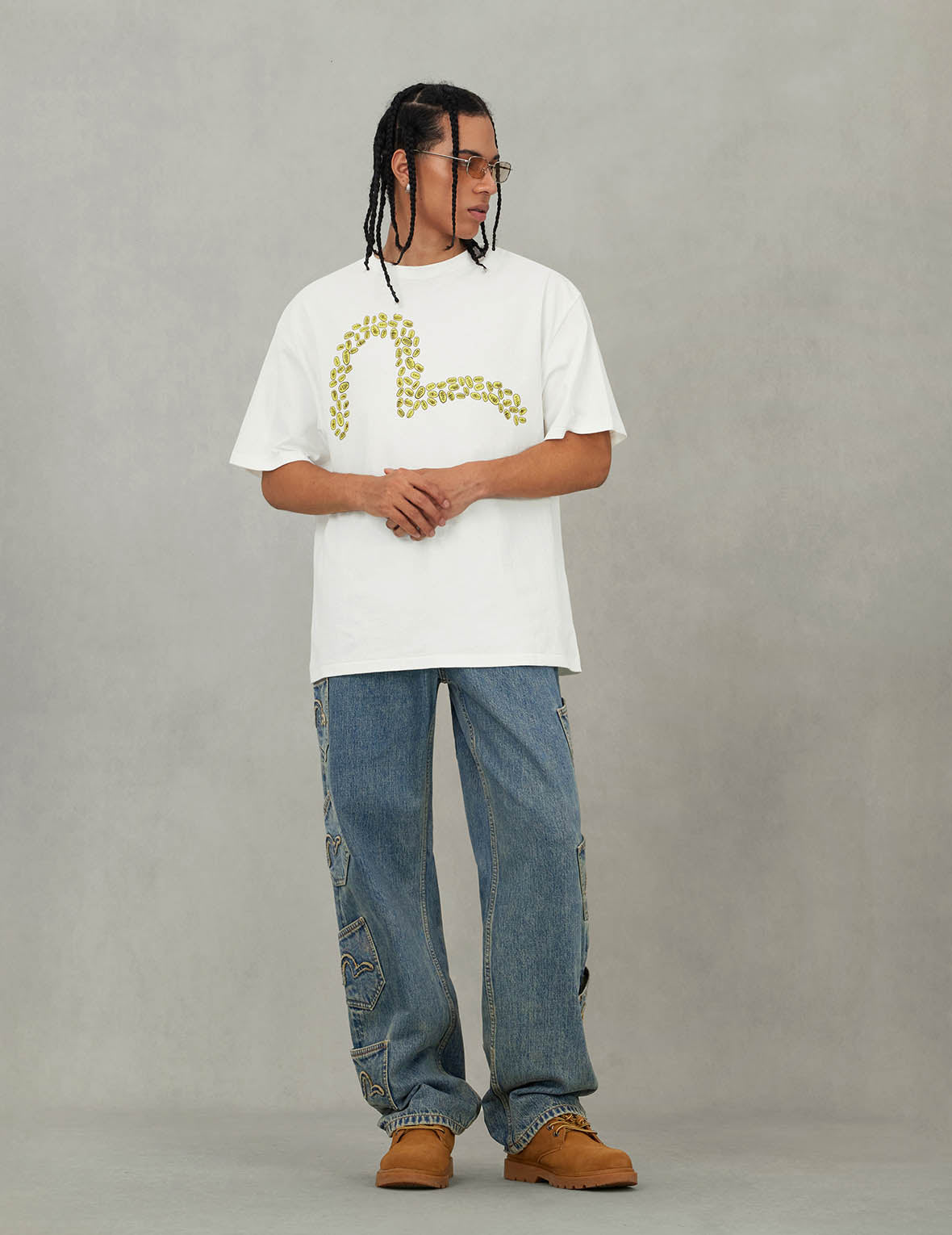 EVISU X F-LAGSTUF-F Dirty Washed and Embroideried Multi-Pocket Relax Fit Denim Jeans