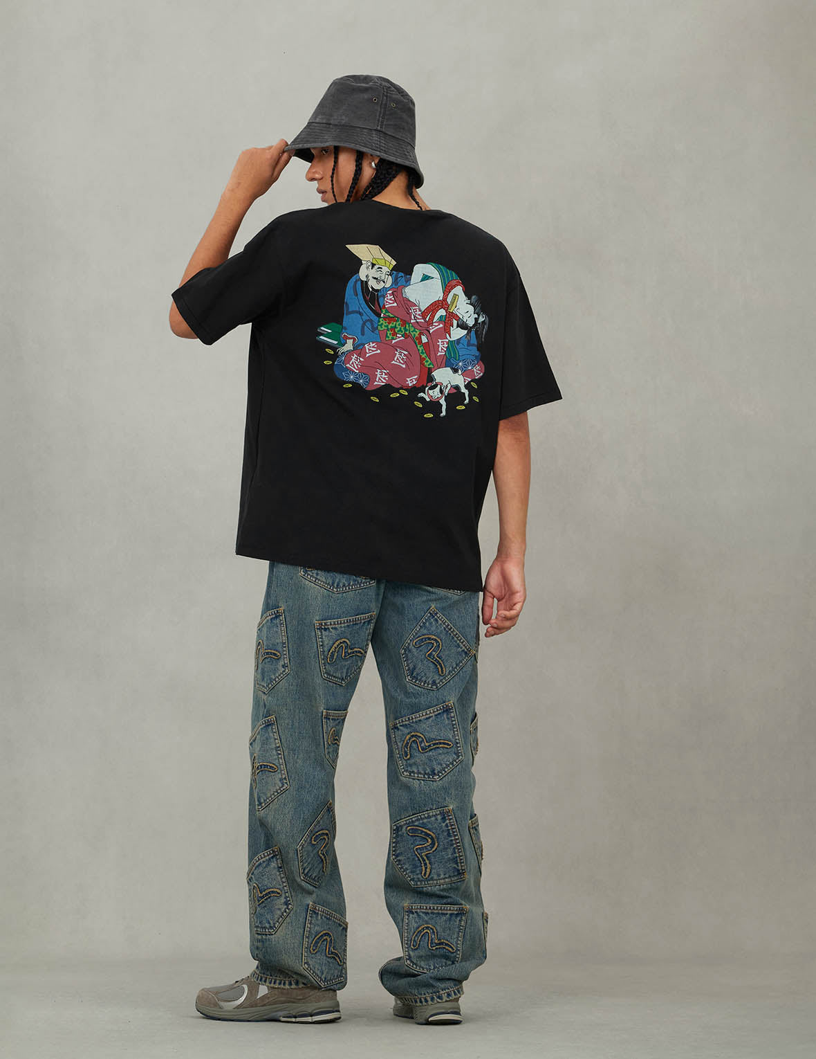 EVISU X F-LAGSTUF-F 春季畫作和金幣海鷗印花常規版型T恤 - 黑色
