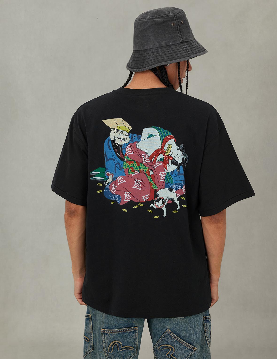 EVISU X F-LAGSTUF-F 春季畫作和金幣海鷗印花常規版型T恤 - 黑色