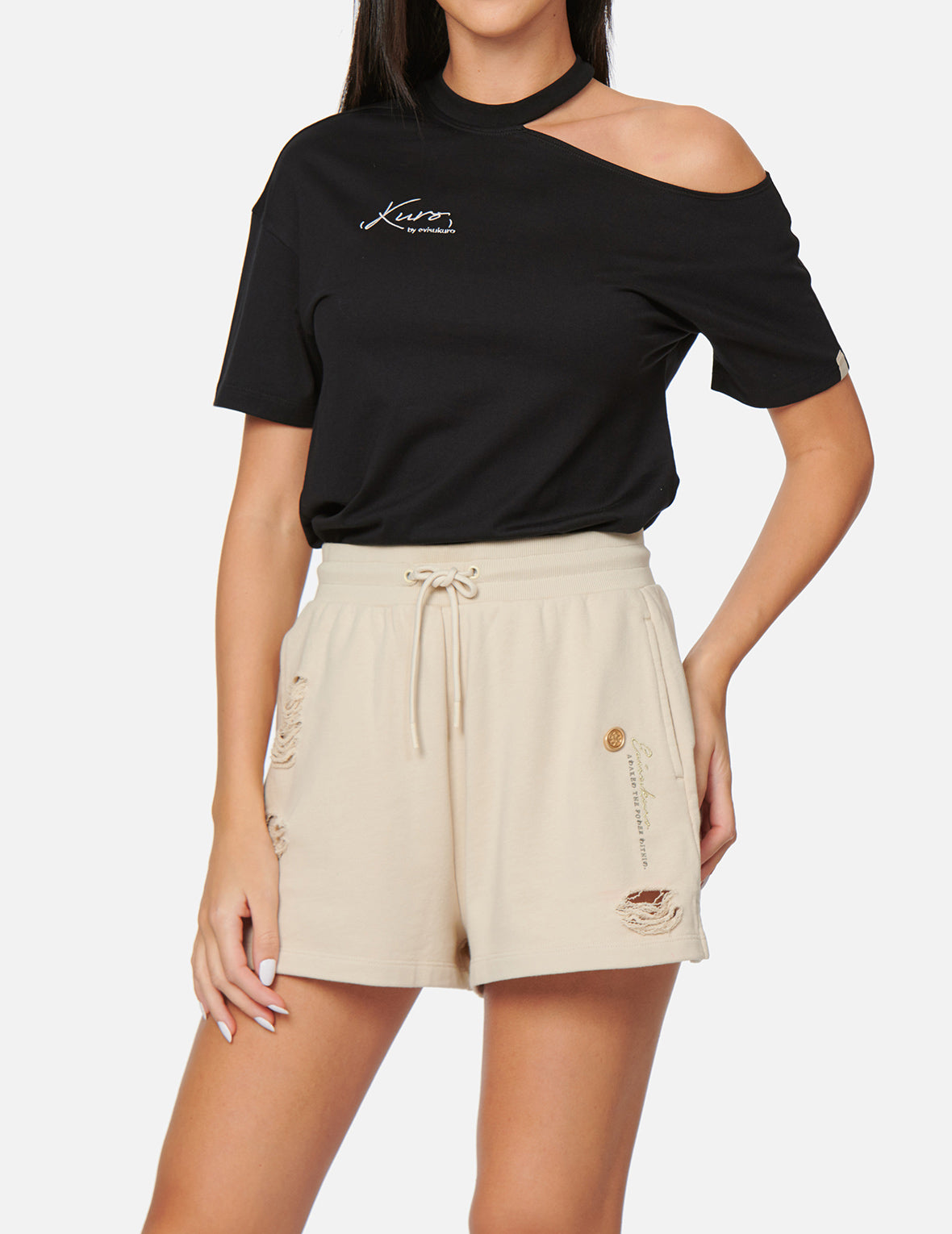 Logo Embroidery Cut-out Shoulder T-shirt