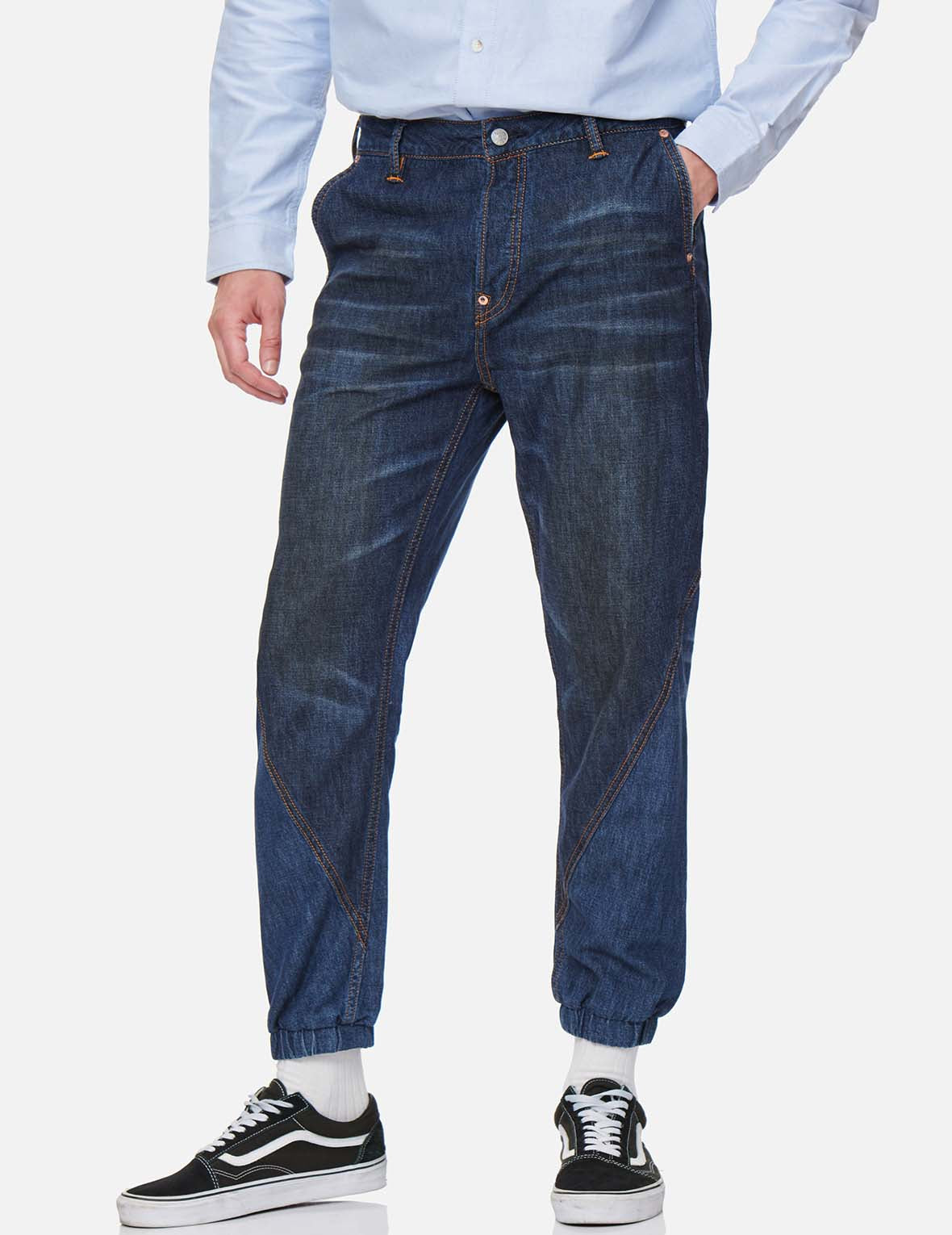 Tonal Blocking Denim Jogger Pants