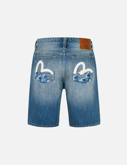 Playful Seagull and The Great Wave Print Regular Fit Denim Shorts