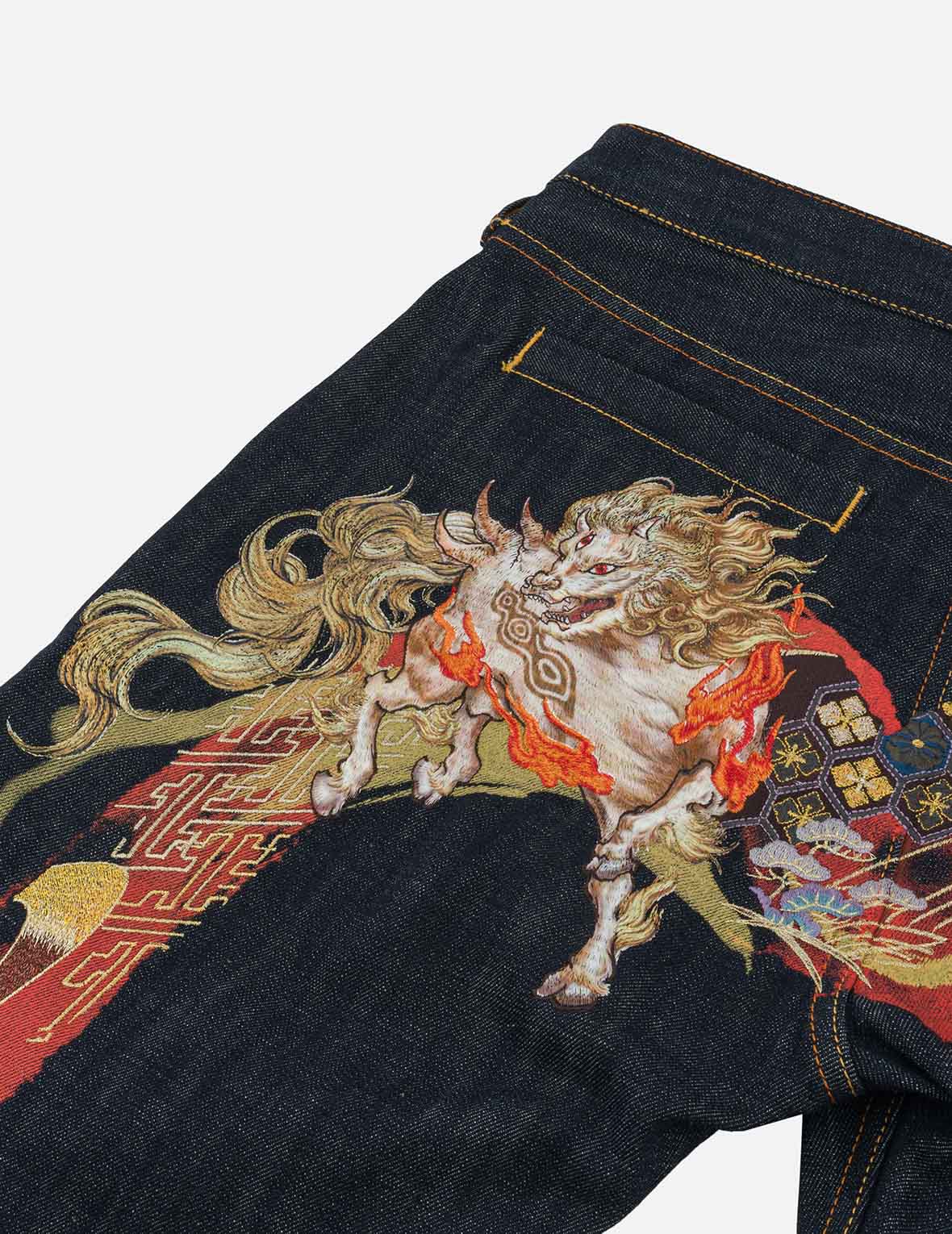 神獸白澤大M刺繡窄腳牛仔褲 #2017