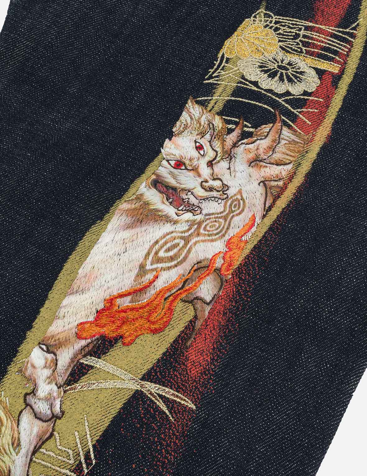 神獸白澤大M刺繡窄腳牛仔褲 #2017