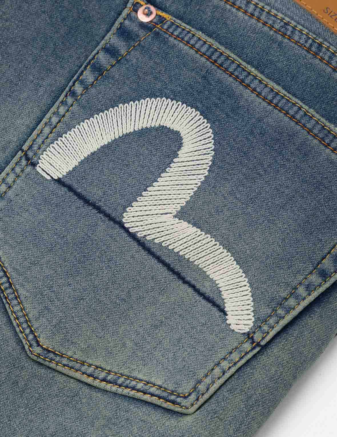 Seagull Embroidery with Hand-Woven Lanyard Relax Straight Fit Jeans #2030