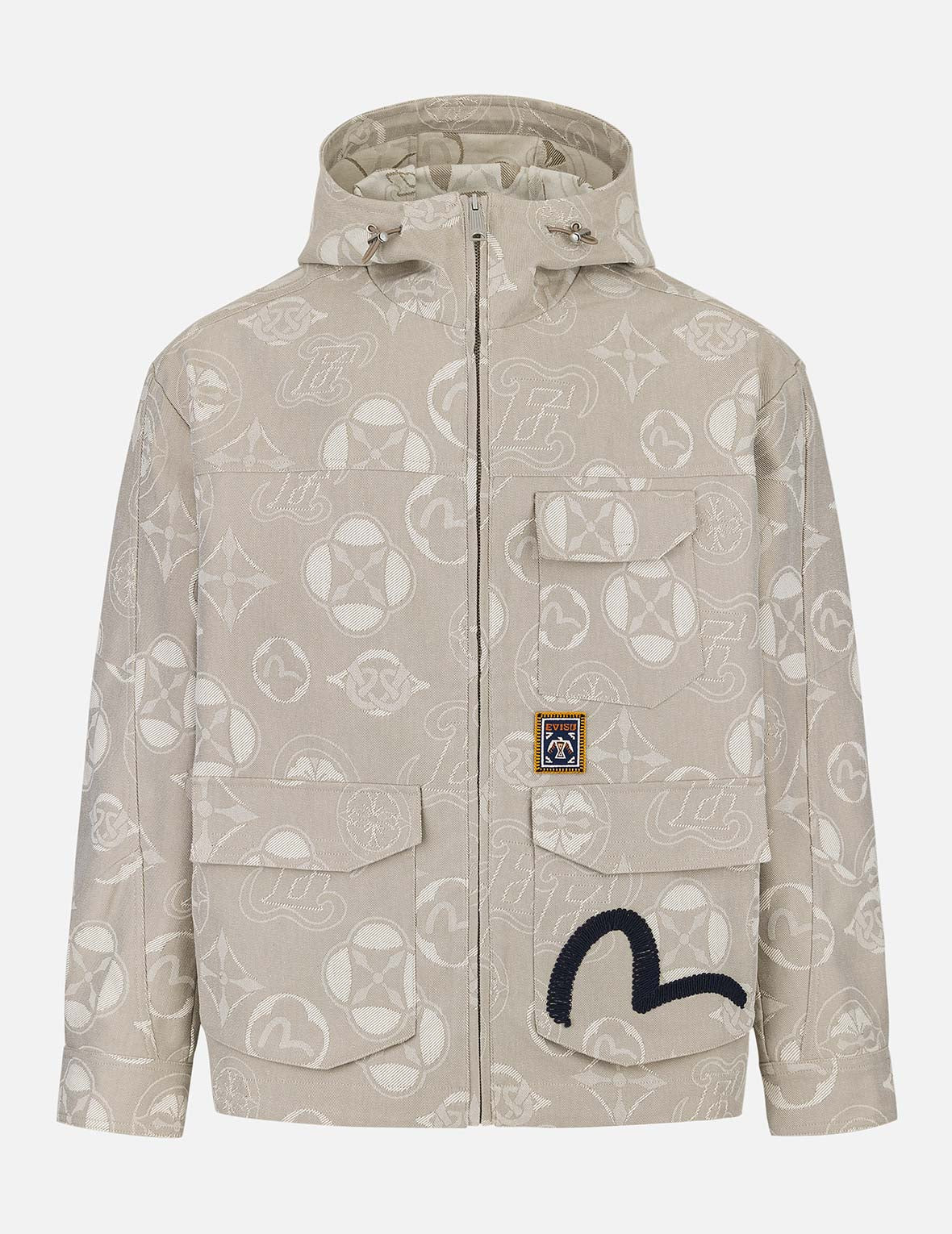 Allover Kamon and Seagull Jacquard Relax Fit Hooded Jacket