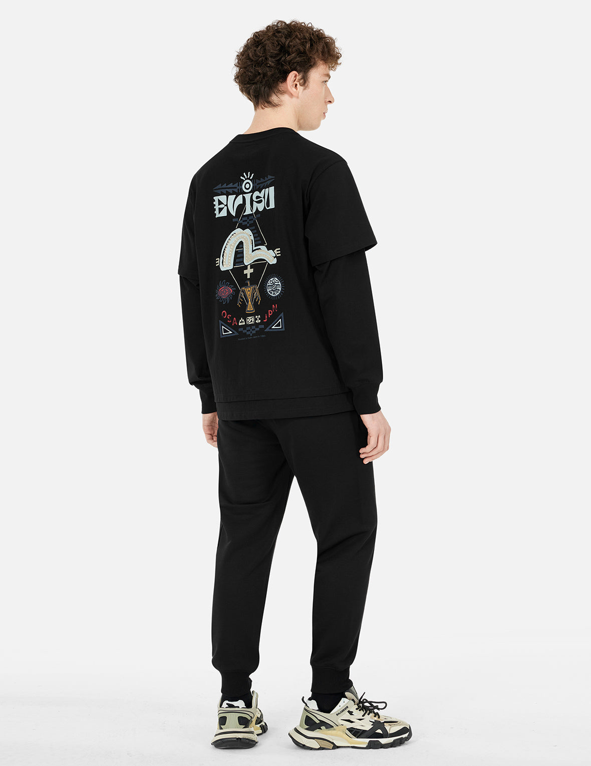 假兩件印地安圖騰印花寬版休閒長袖T恤