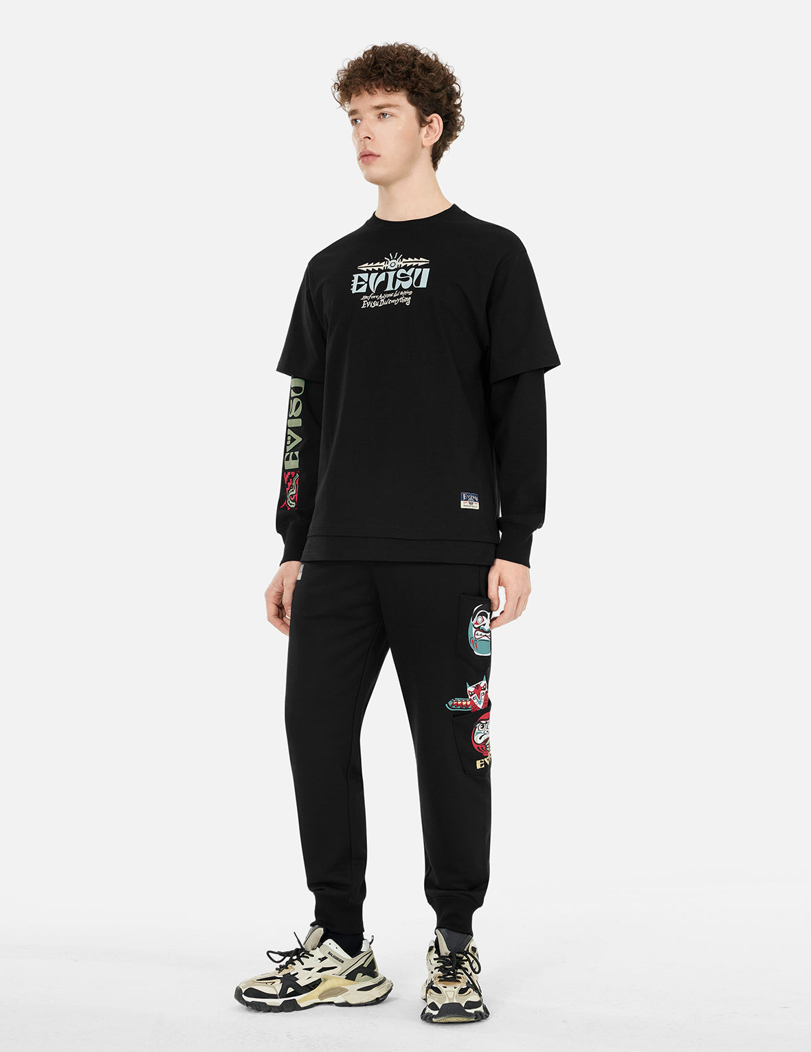 假兩件印地安圖騰印花寬版休閒長袖T恤