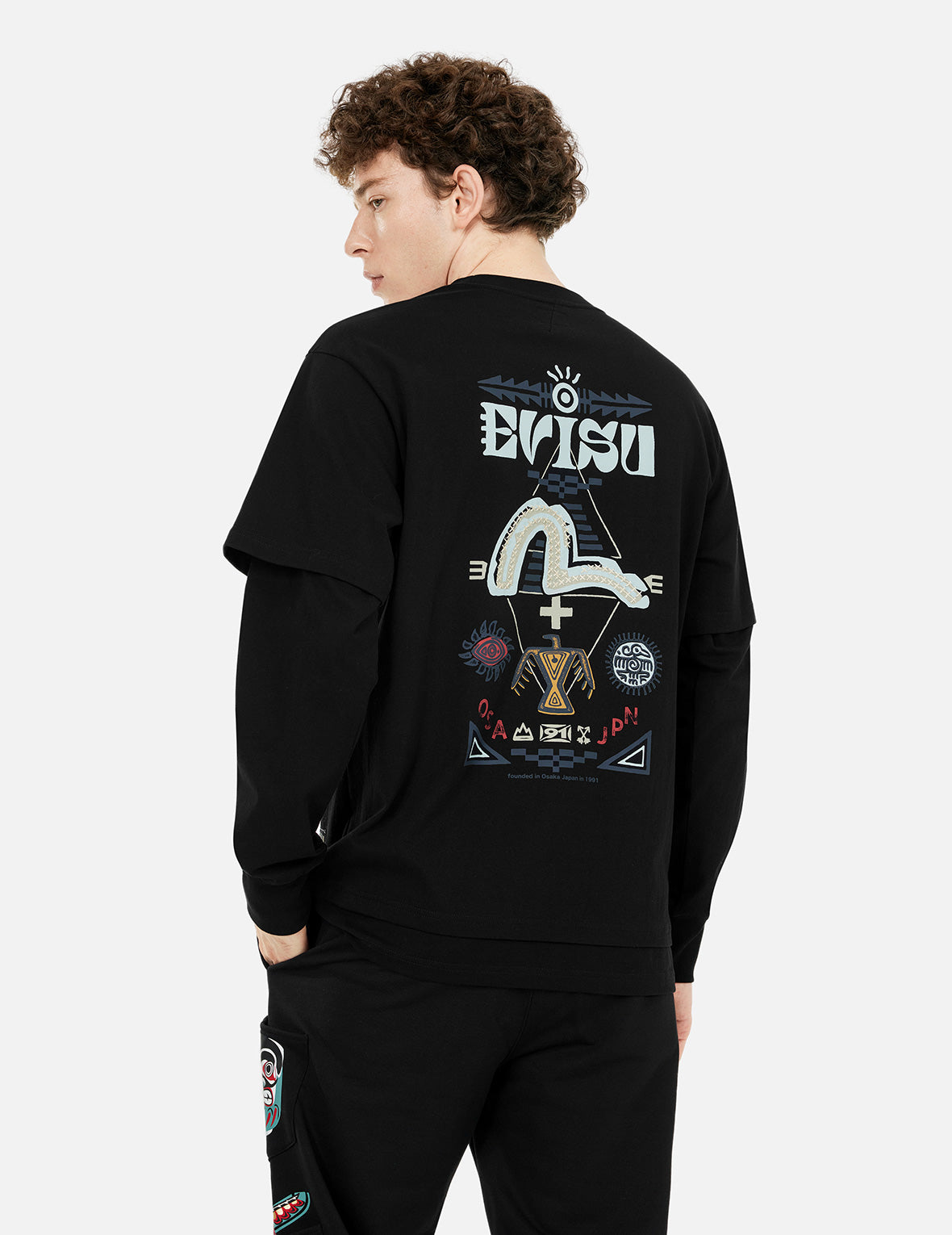 假兩件印地安圖騰印花寬版休閒長袖T恤