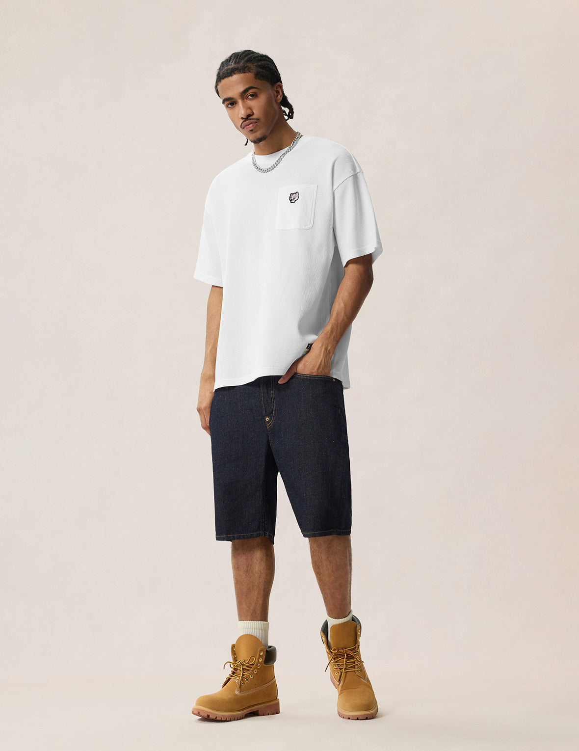 海鷗與漢字印花口袋牛仔短褲