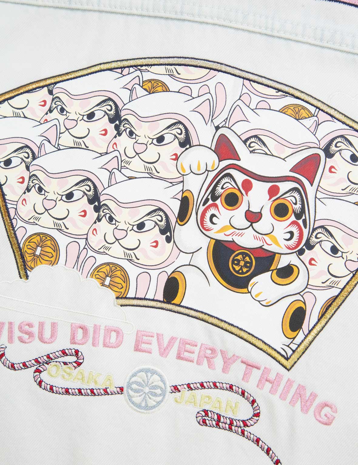 Fortune Cat with Daruma Print Denim Jacket