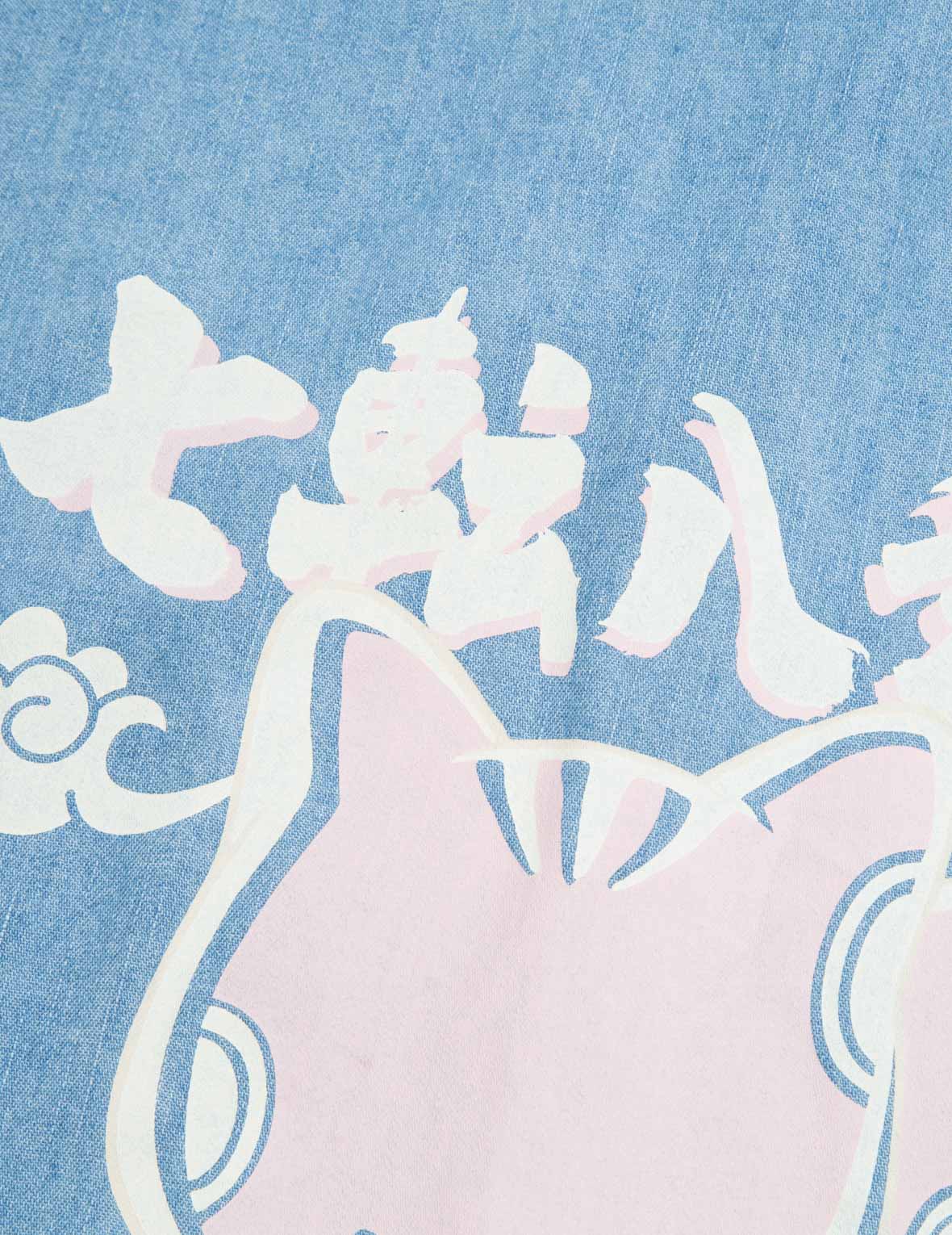 Fortune Cat with Daruma Print Denim Shirt