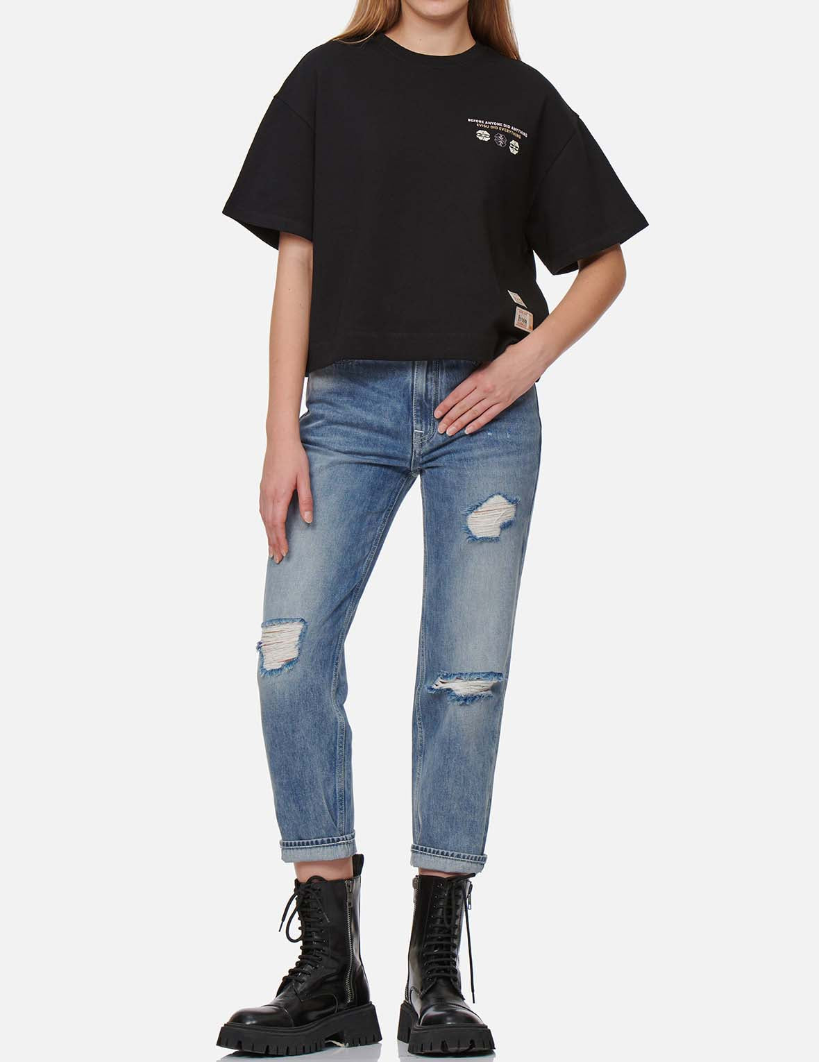 Kamon and Logo Print Drop-shoulder Cropped Sweatshirt