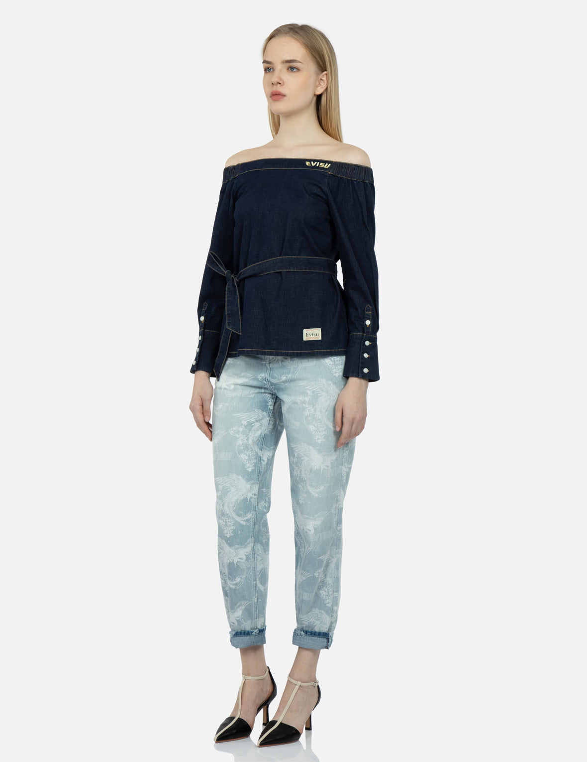 Logo Embroidery Off-Shoulder Denim Blouse