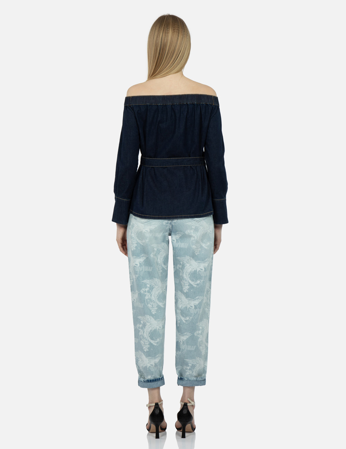 Logo Embroidery Off-Shoulder Denim Blouse