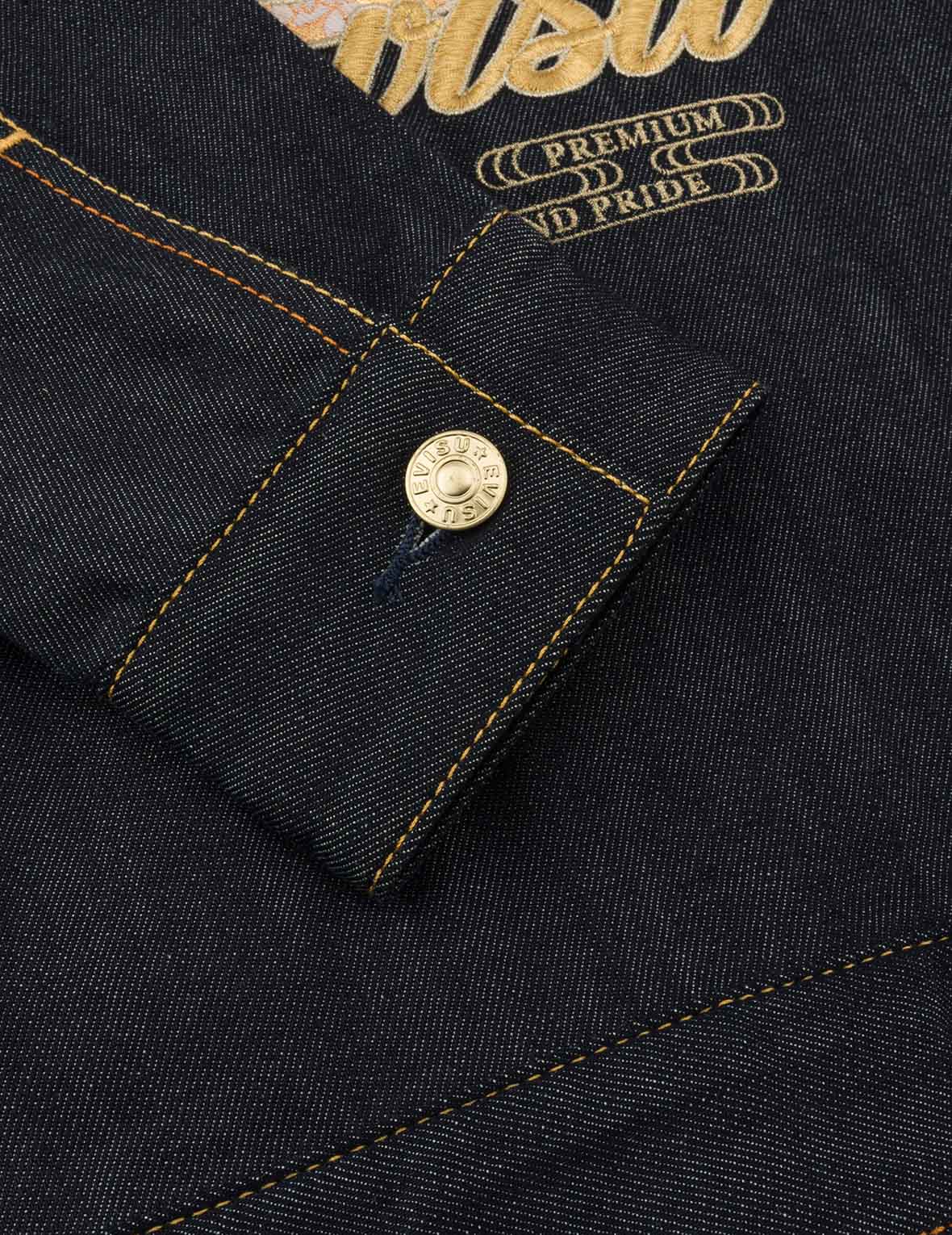 Brocade Inserted Kamon and Logo Embroidery Regular Fit Denim Jacket