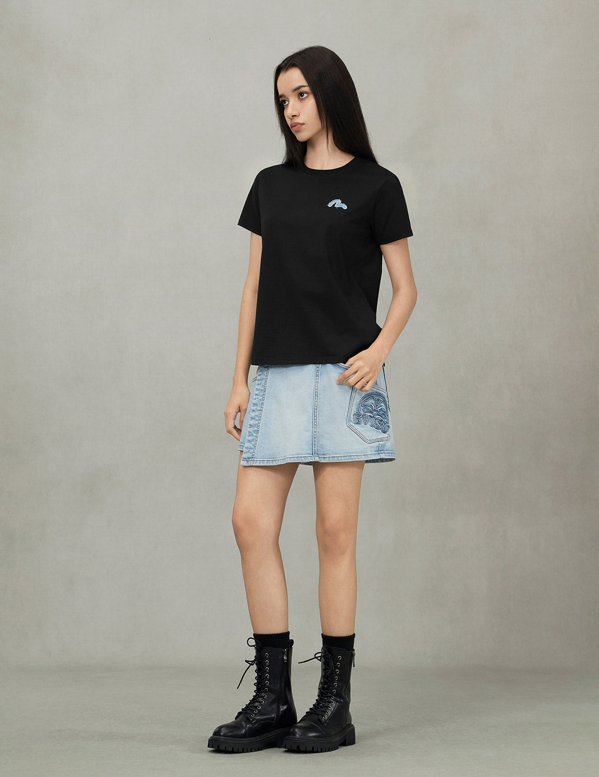 Deconstructed Denim Applique Embroidery Regular Fit T-Shirt