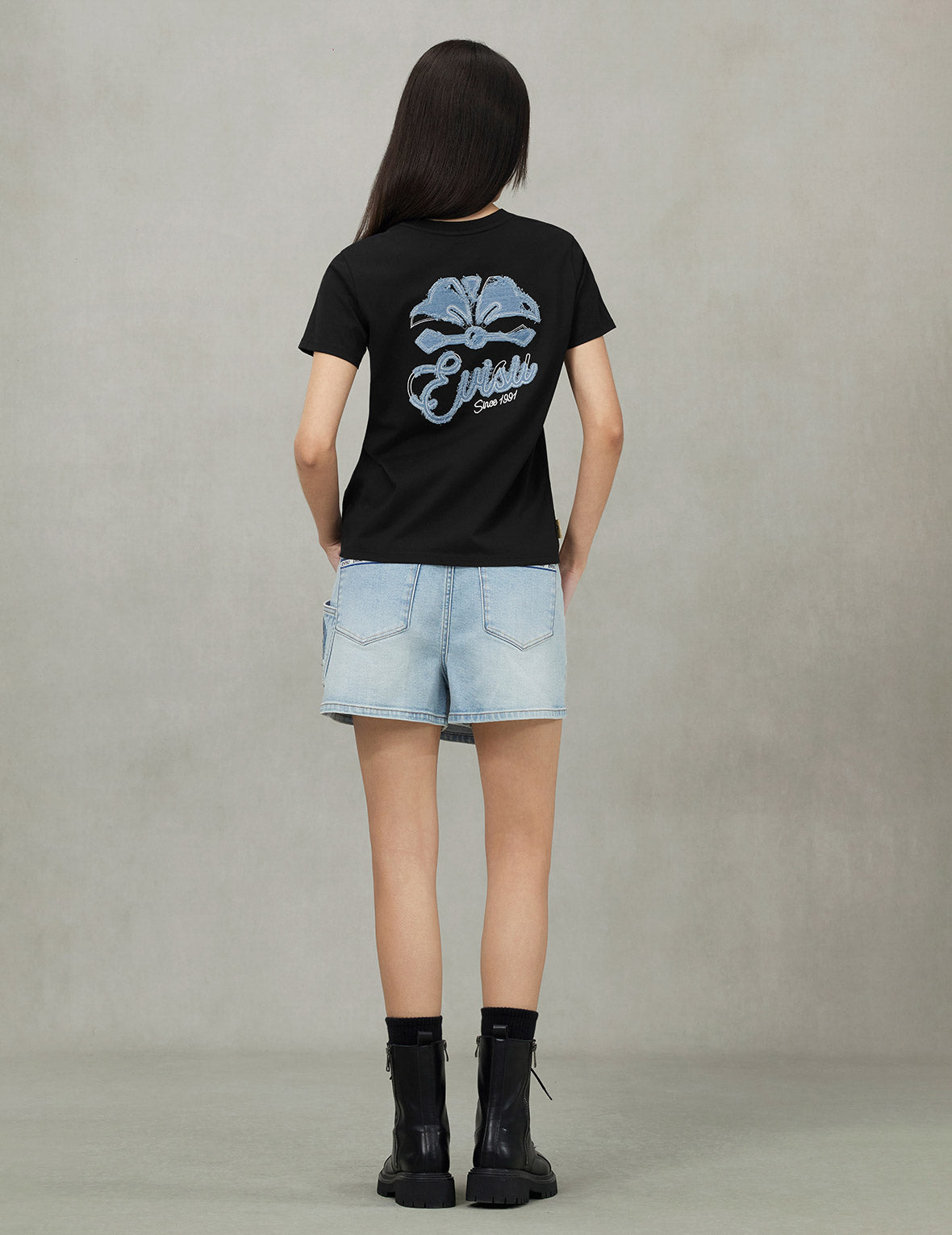 Deconstructed Denim Applique Embroidery Regular Fit T-Shirt