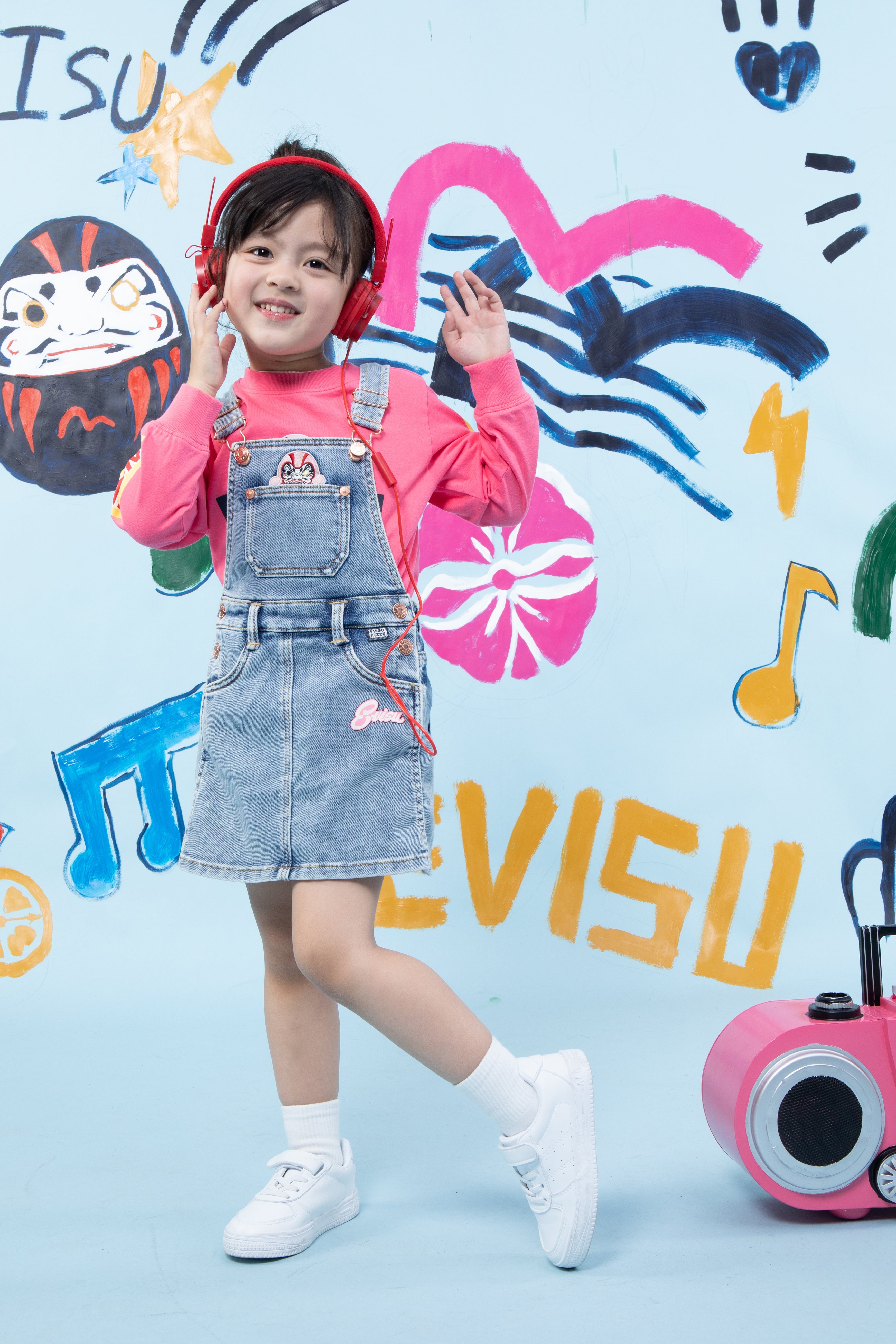 Daruma Embroidery Denim Dungaree Dress