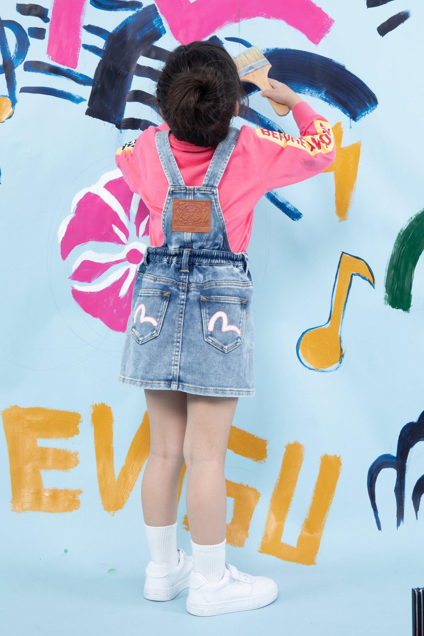 Daruma Embroidery Denim Dungaree Dress